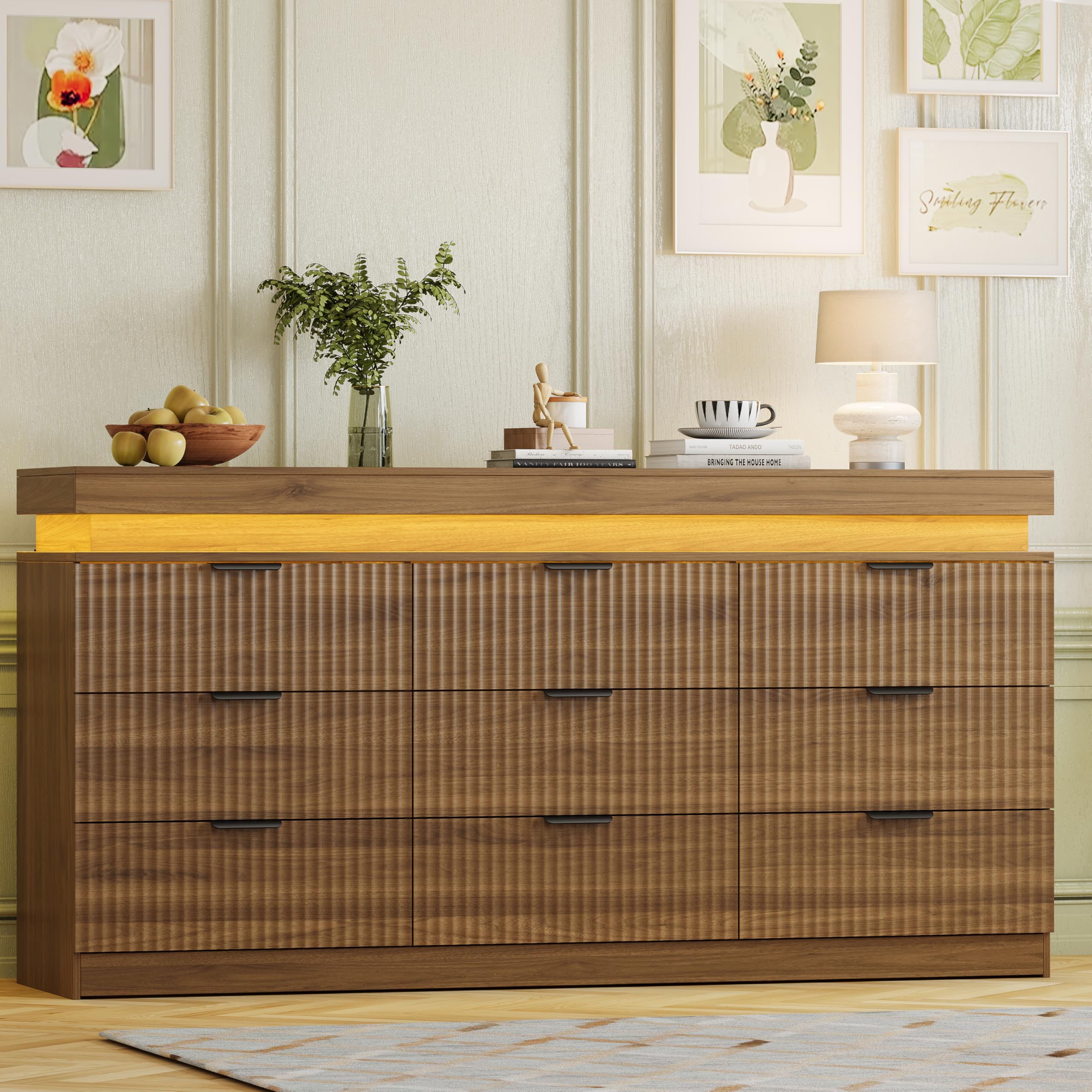 Fluted 9 Drawer Dresser with LED Lights &amp; Charging Station, Walnut