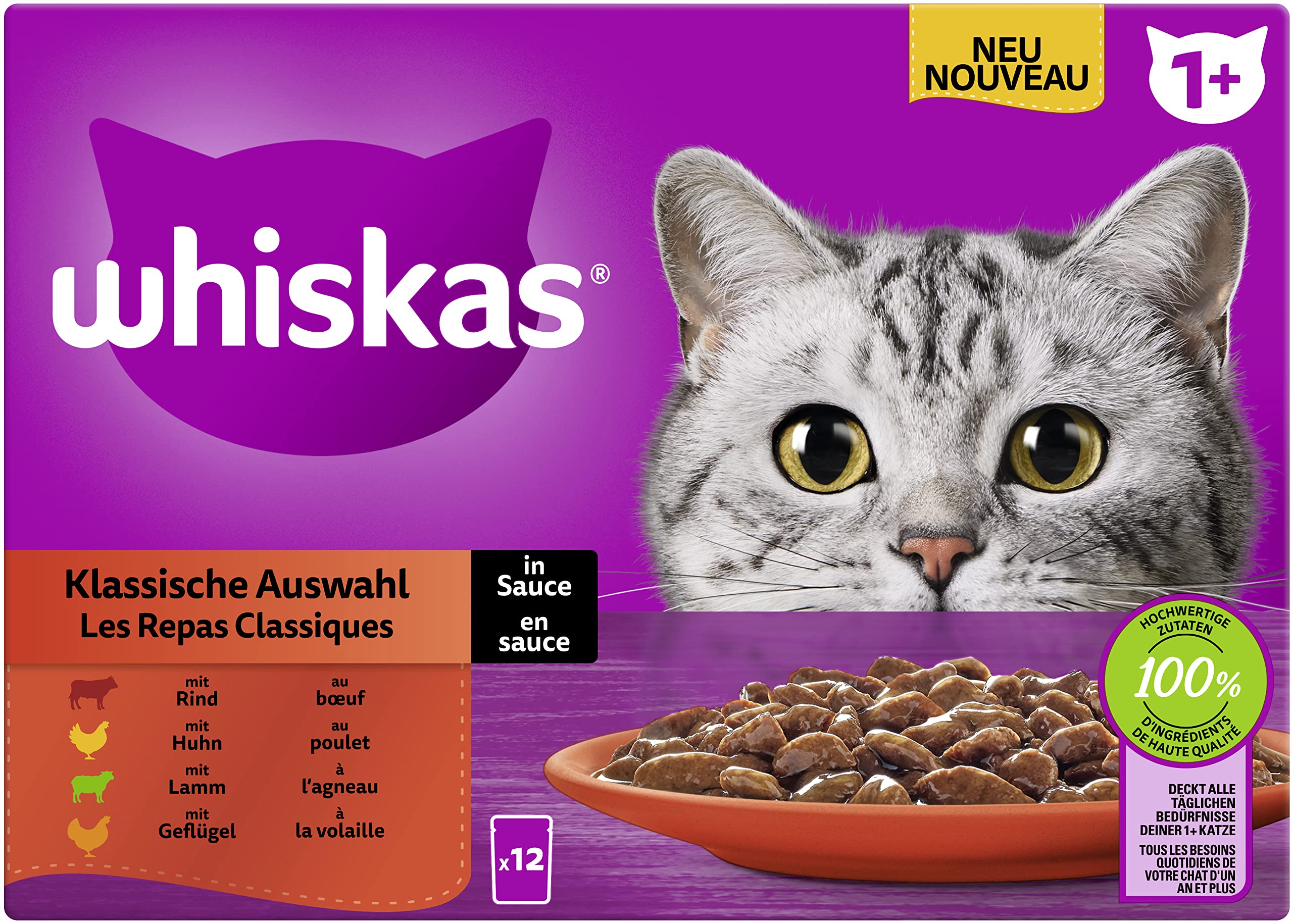 Whiskas 1+ Comida húmeda para Gatos – Selección clásica en Salsa, 12 x 85 g (1 Paquete) – Comida húmeda 12 Bolsas para un Gato Feliz a Partir de 1 año