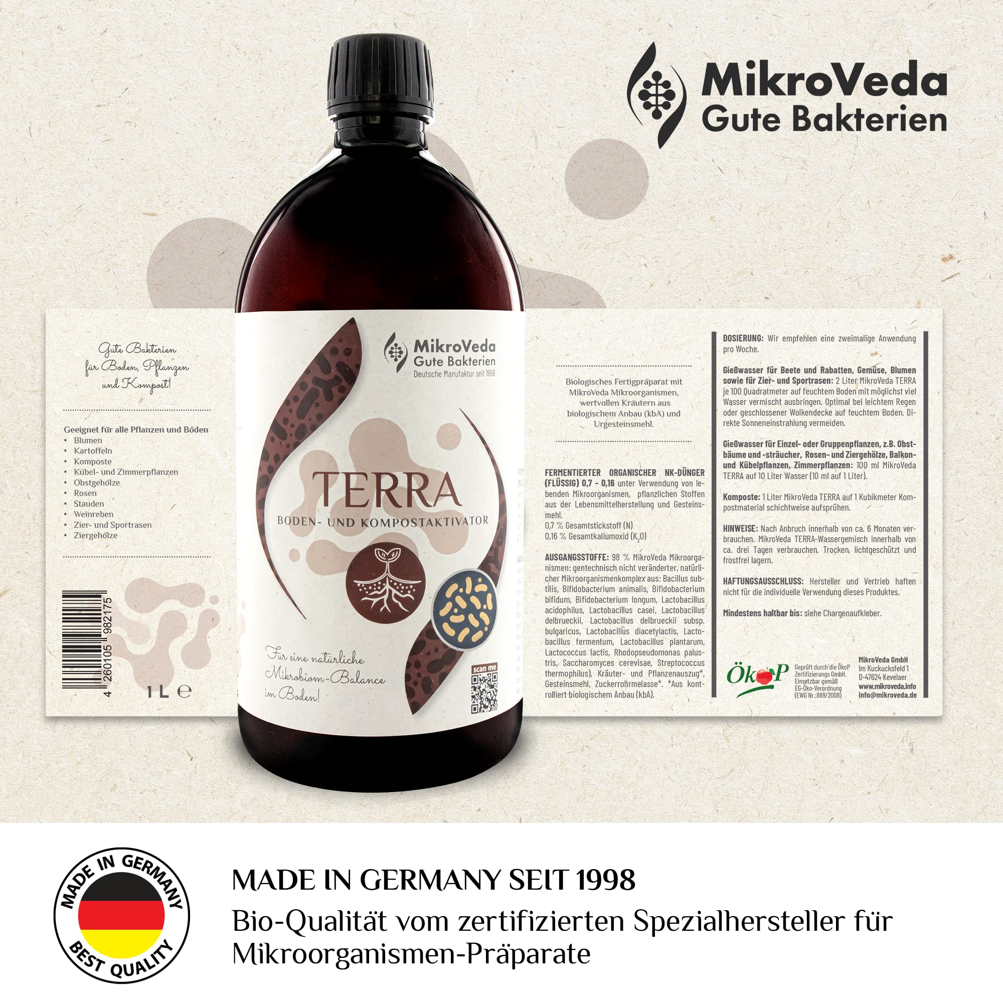 MikroVeda Terra - Activador de Suelo Biológico Con Bacterias y Microorganismos Efectivos - Suplemento Para Compost, Jardín - Abono Orgánico Vegano 100% Natural (1 L)