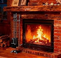 Fire Beauty 4-Piece Wrought Iron Fireplace Tools Set - Black Poker, Shovel, Brush & Stand for Indoor/Outdoor Fireplaces