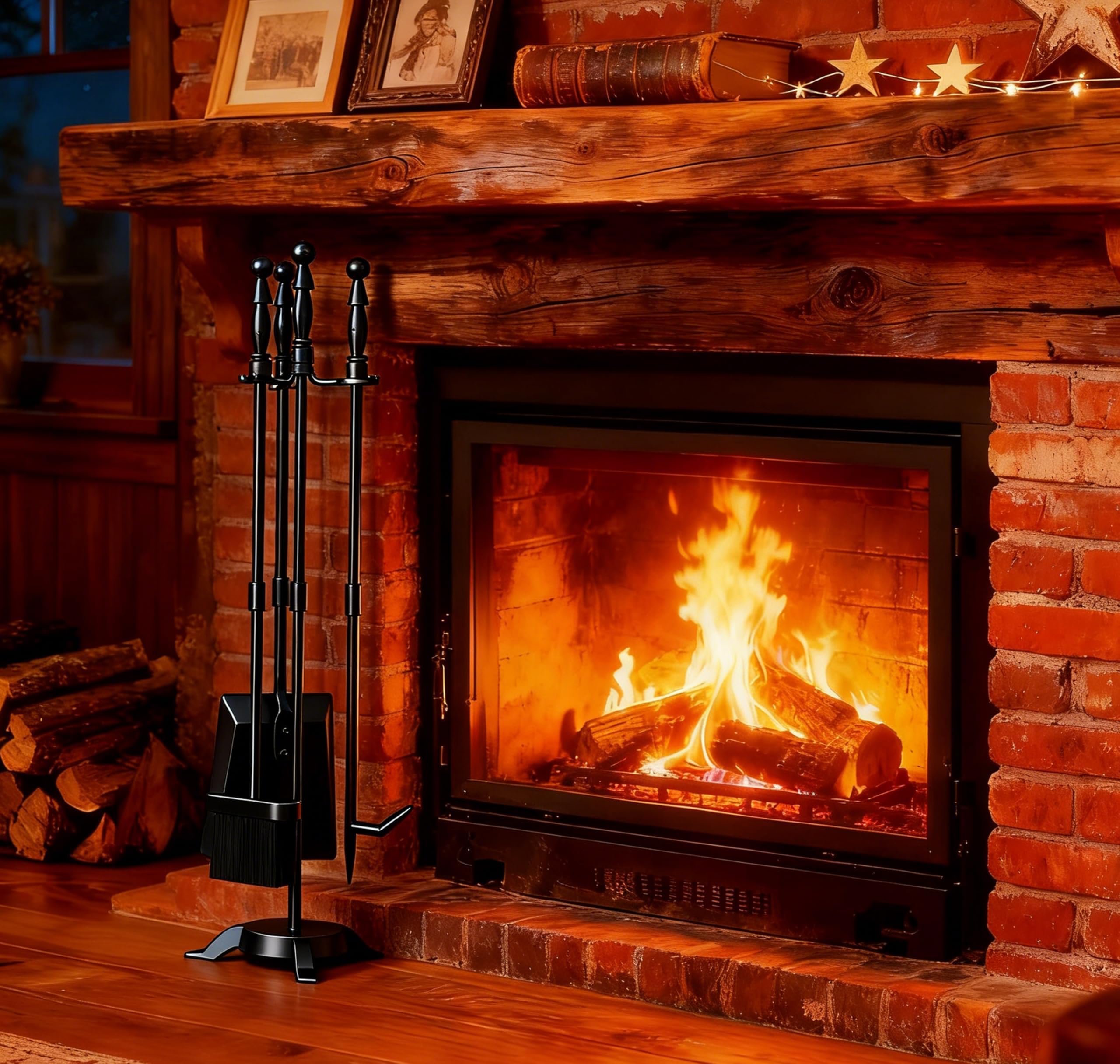 Fire Beauty Fireplace Tools Set 4 Pieces Black Wrought Iron Fire Tool Set for Outdoor/Indoor Include Poker, Shovel, Brush and Stand Accessories Set