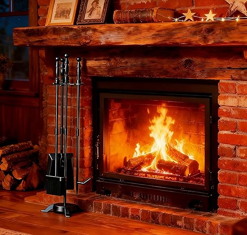Fire Beauty Juego de 4 herramientas para chimenea de hierro forjado negro para exterioresinteriores, incluye póquer, pala, cepillo y juego de