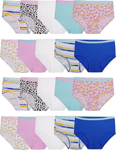 Fruit of the Loom Girls' Tag Free Cotton Brief Underwear Multipacks, Brief-20 Pack-White/Stripes/Animal Print