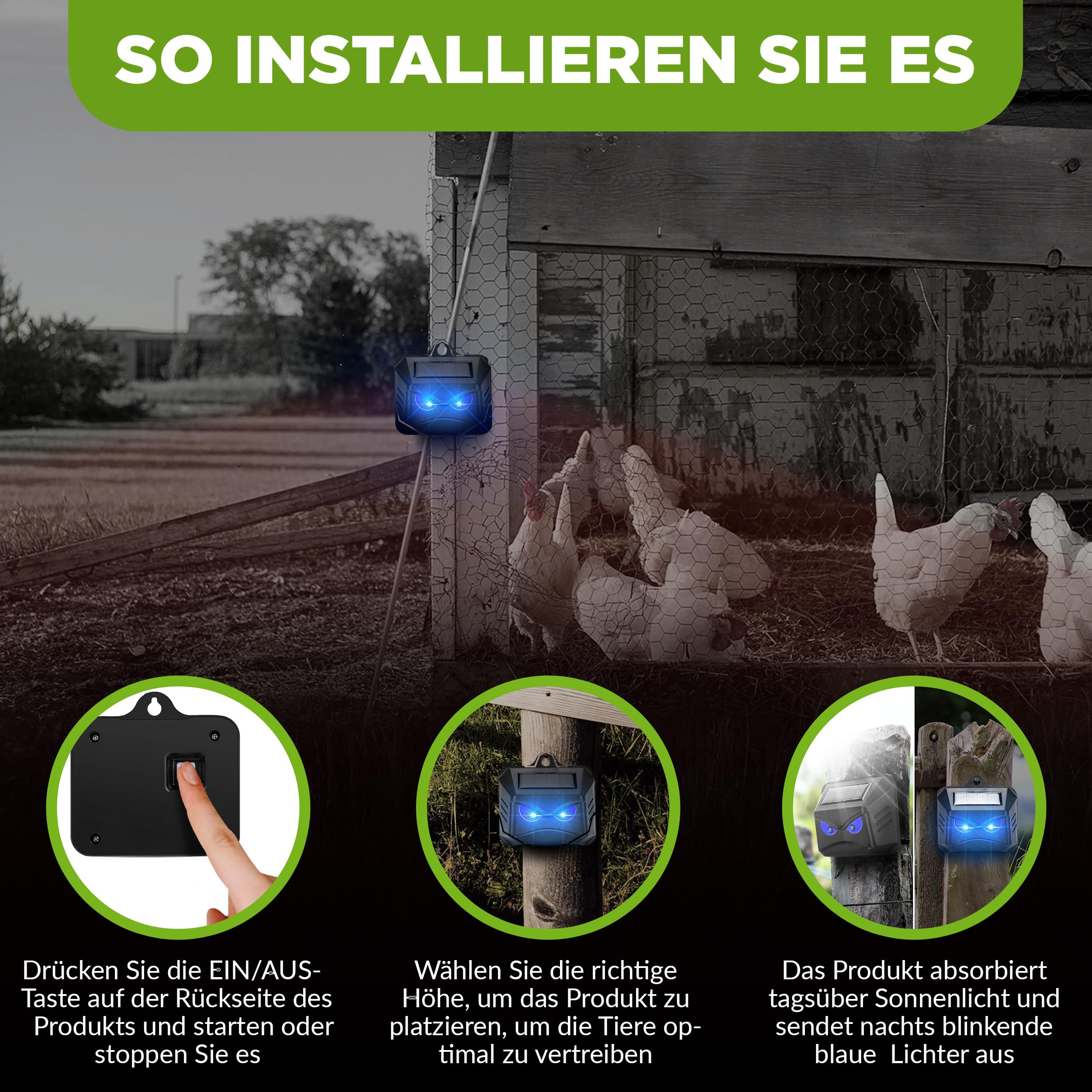 ISOTRONIC Solar Tiervertreiber zur Abwehr von Waschbären, Rehen, Füchsen & Wildschweinen – Wildtier Vertreiber mit blauem LED-Licht – effektive Tierabwehr mit 40m² Wirkungsbereich (4 Stück)