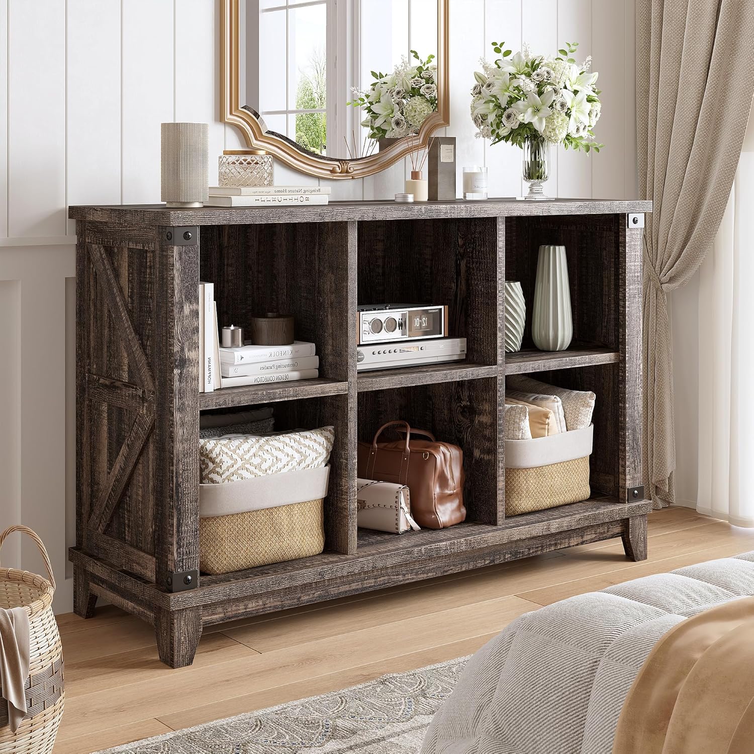 EnHomee 6 Cube Storage Organizer Bookshelf, Wood Cube Shelf Bookcase with Storage, Bookshelf for Living Room and Bedroom,Black Oak