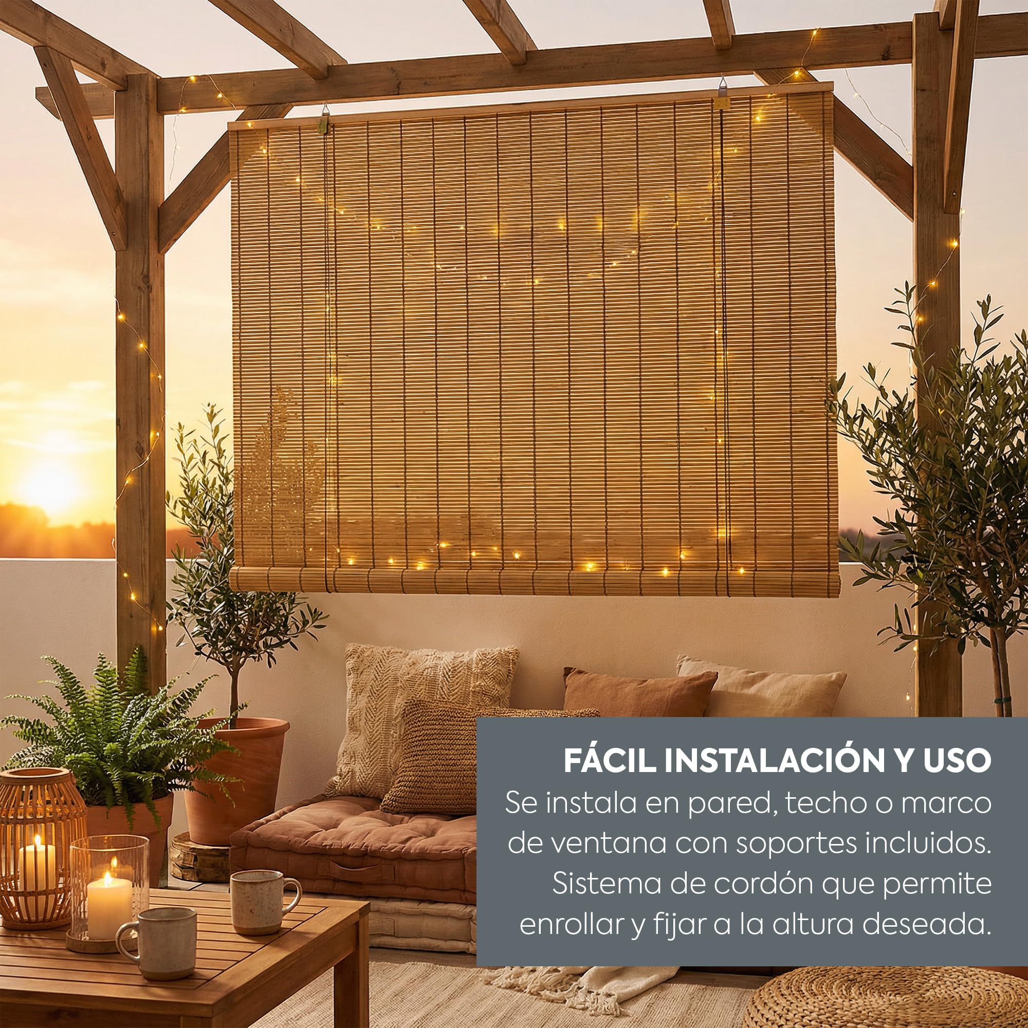 HERSIG - Estor Enrollable de Bambú Natural 150 x 200 cm - Persiana Enrollable Interior y Exterior - Estilo Natural para Ventanas - Privacidad y Fácil Instalación - Marron Claro (Medidas aproximadas)