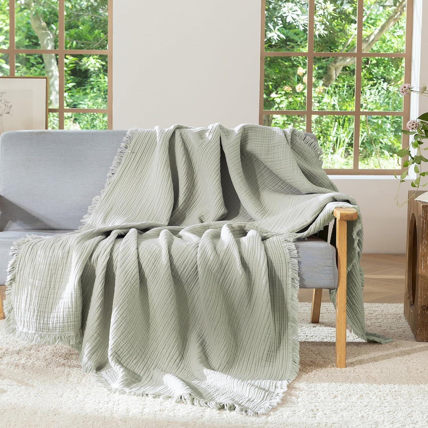 MooMee Muslin Blanket - 100% Cotton 4-Layer Gauze Throw Blanket with All-Around Fringe, Soft Breathable Lightweight Cooling Summer Blankets for Bed Couch(Sage Green,Throw 60" x 50")