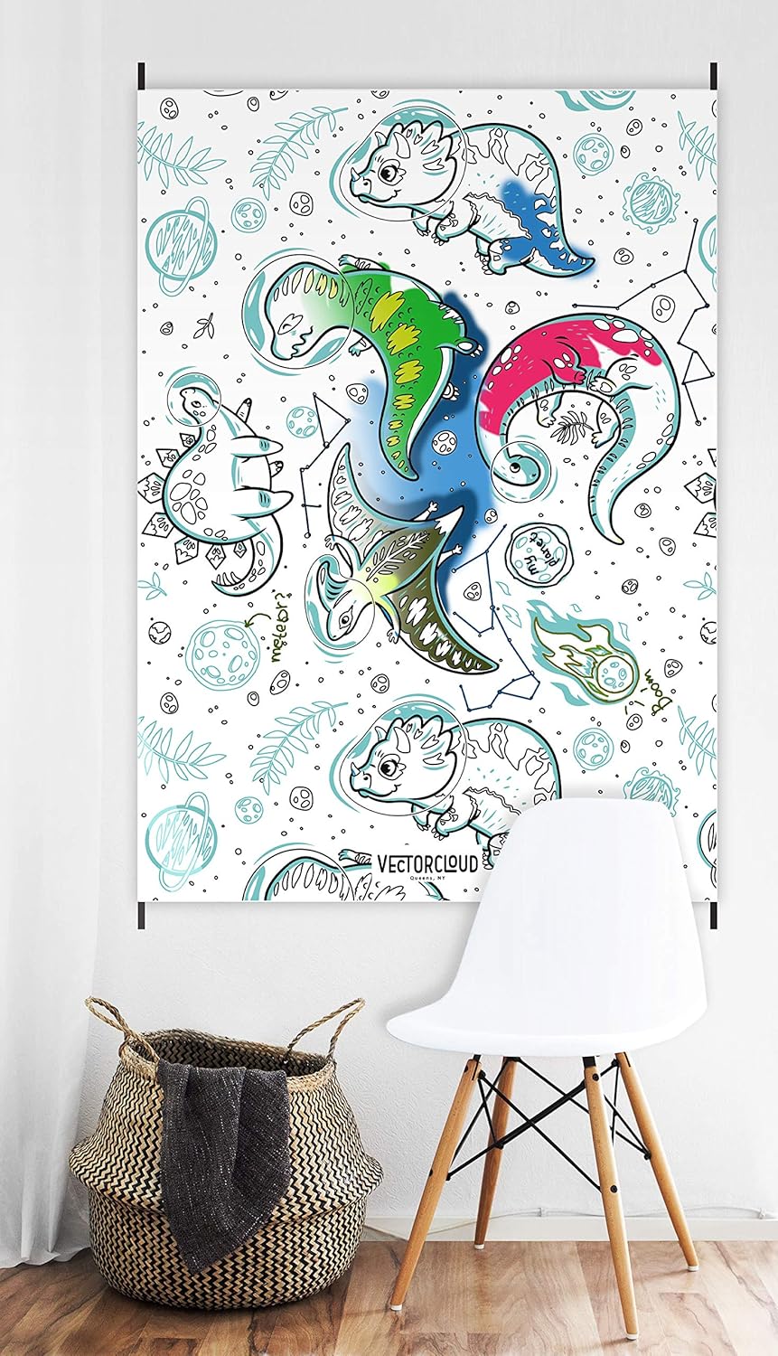 Vectorcloud Washable Coloring Poster (Giant XXL 54" x 40") Reusable, Tear & Wrinkle Resistant, Table Cover, Coloring Mat. Dinosaurs, Outer Space.