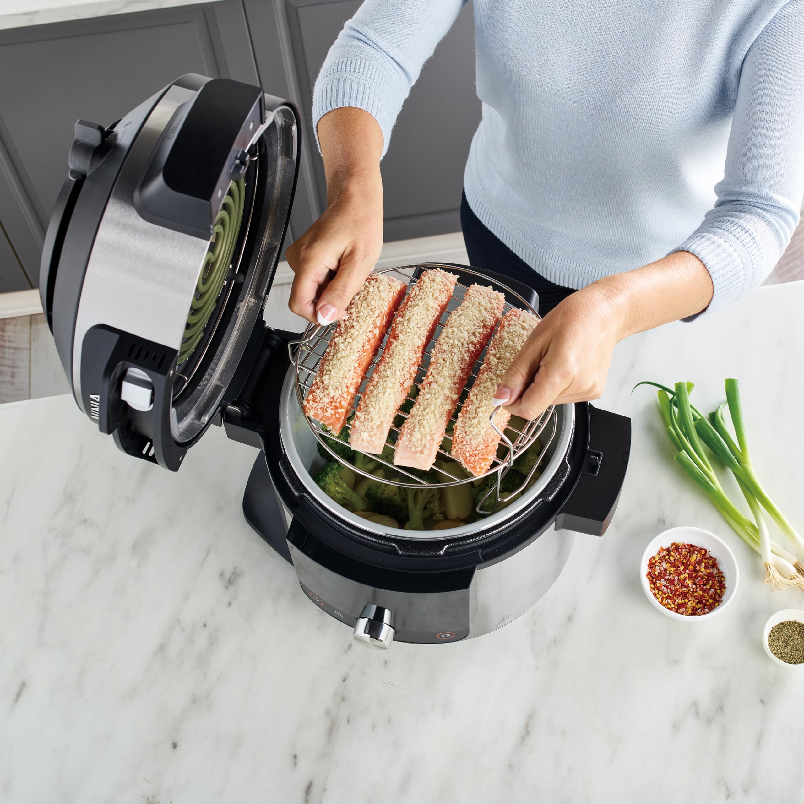 Ninja Foodi MAX Olla eléctrica multifunción con SmartLid, 7,5 l, 14 funciones de cocción en 1, Olla a presión, Freír con aire, Cocción lenta, Parrilla y más, sensor digital, acero inoxidable, OL750EU