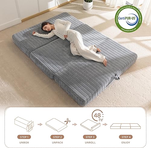 Miniatura 7 de BYBYME Colchón plegable de espuma viscoelástica, cubrecolchón plegable de gel de 6 pulgadas, almohadilla plegable suave para cama de invitados para