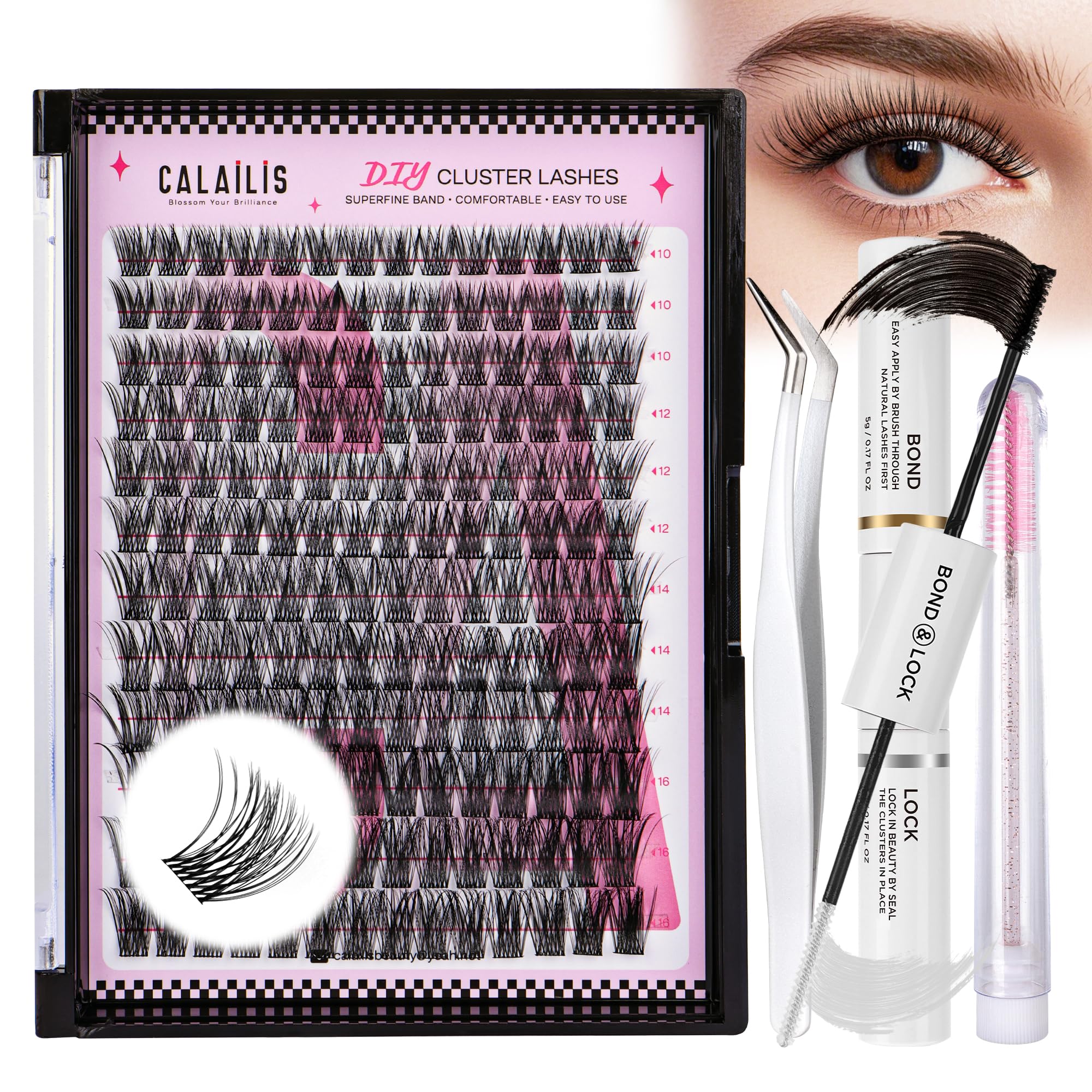 CALAILIS DIY Wimpern Extensions Set, Lash Extension Set 168 Stück D Curl DIY Cluster Lashes mit Wimpernkleber und Sealer Lash Remover und Applikator (703KIT)