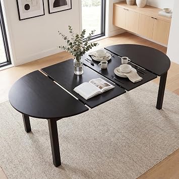 HNY 42"-77" Extendable Dining Table Round to Oval, Black Oak Veneer Table