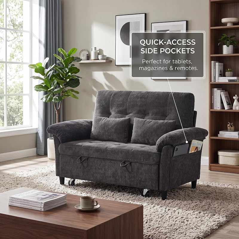 Actinidia 60" Sleeper Sofa Bed, Chenille Pull Out Couch with Side Table & USB Charging Ports, Modern Loveseat Sofa with 5-Position Reclining Backrest for Small Spaces, Black image 4