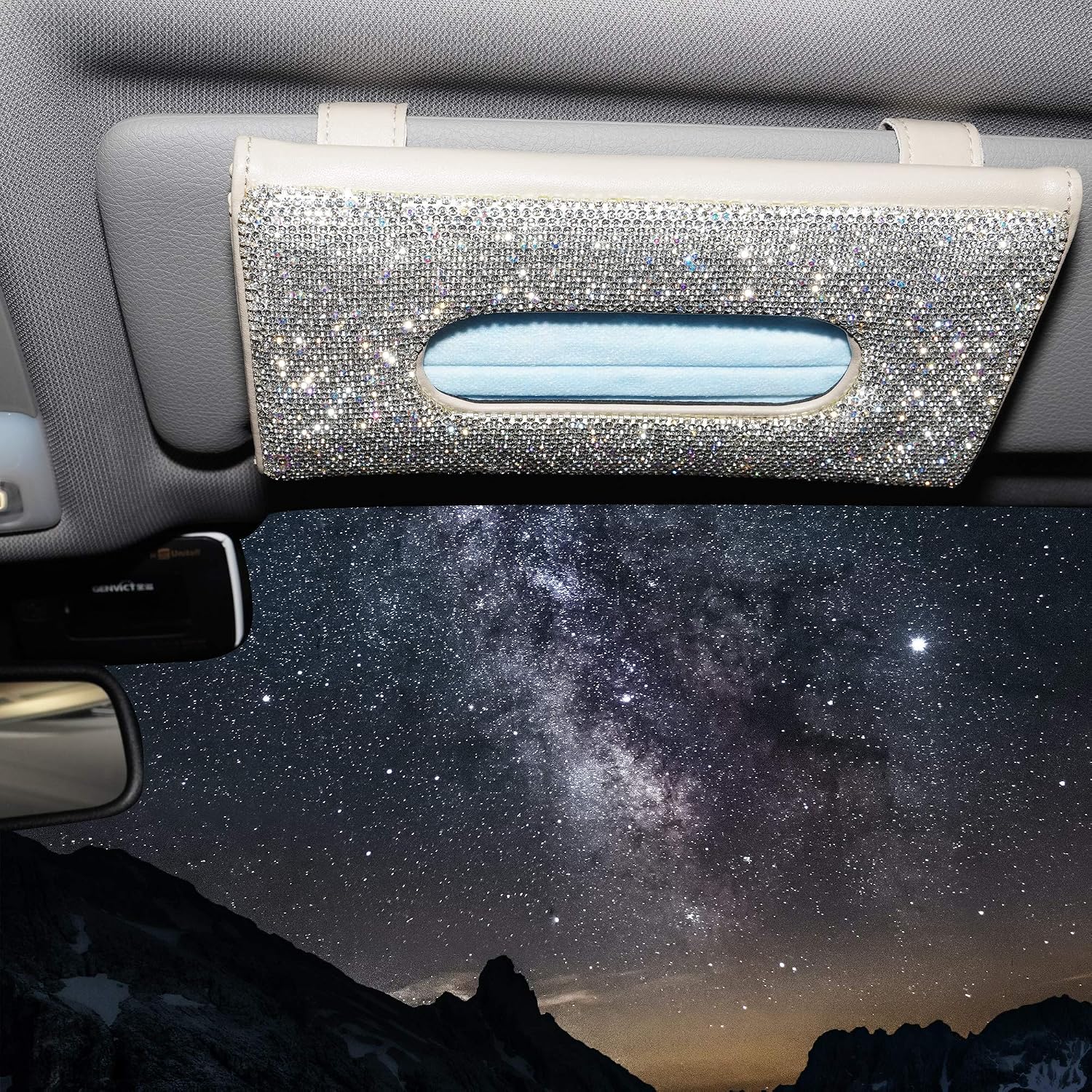 Aphbrada Bling Car Sun Visor Tissue Box Holder, Rhinestone Masks Dispenser Holder for Car, Crystal Sparkling Napkin Holder Car Interior Accessories Gift for Women Girls (Beige)