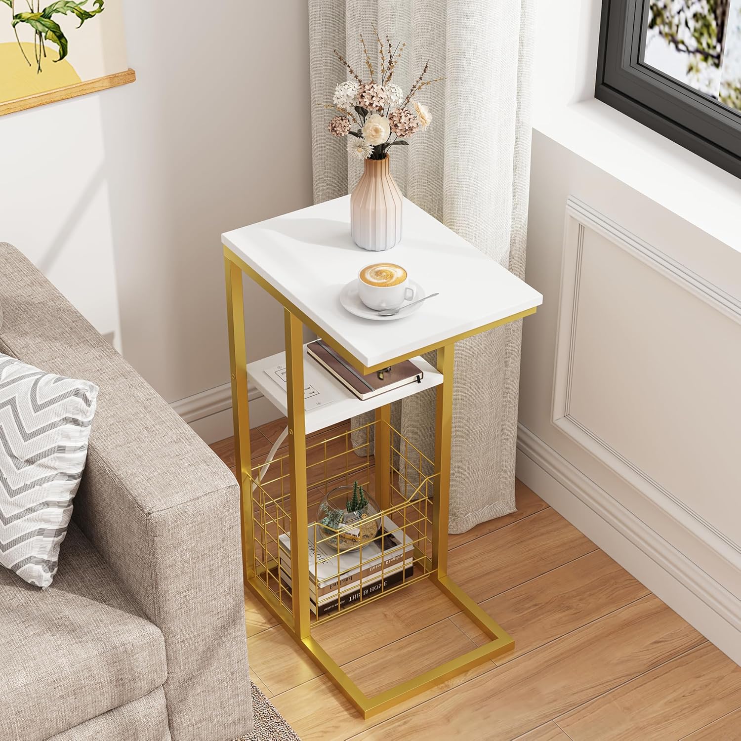 Vagusicc C Shaped End Table with Charging Station, Side Table for Couch, Small Side End Table for Small Spaces, 28" High Slide Under Sofa Table for Coffee, Tv Tray Table for Living Room, Golden