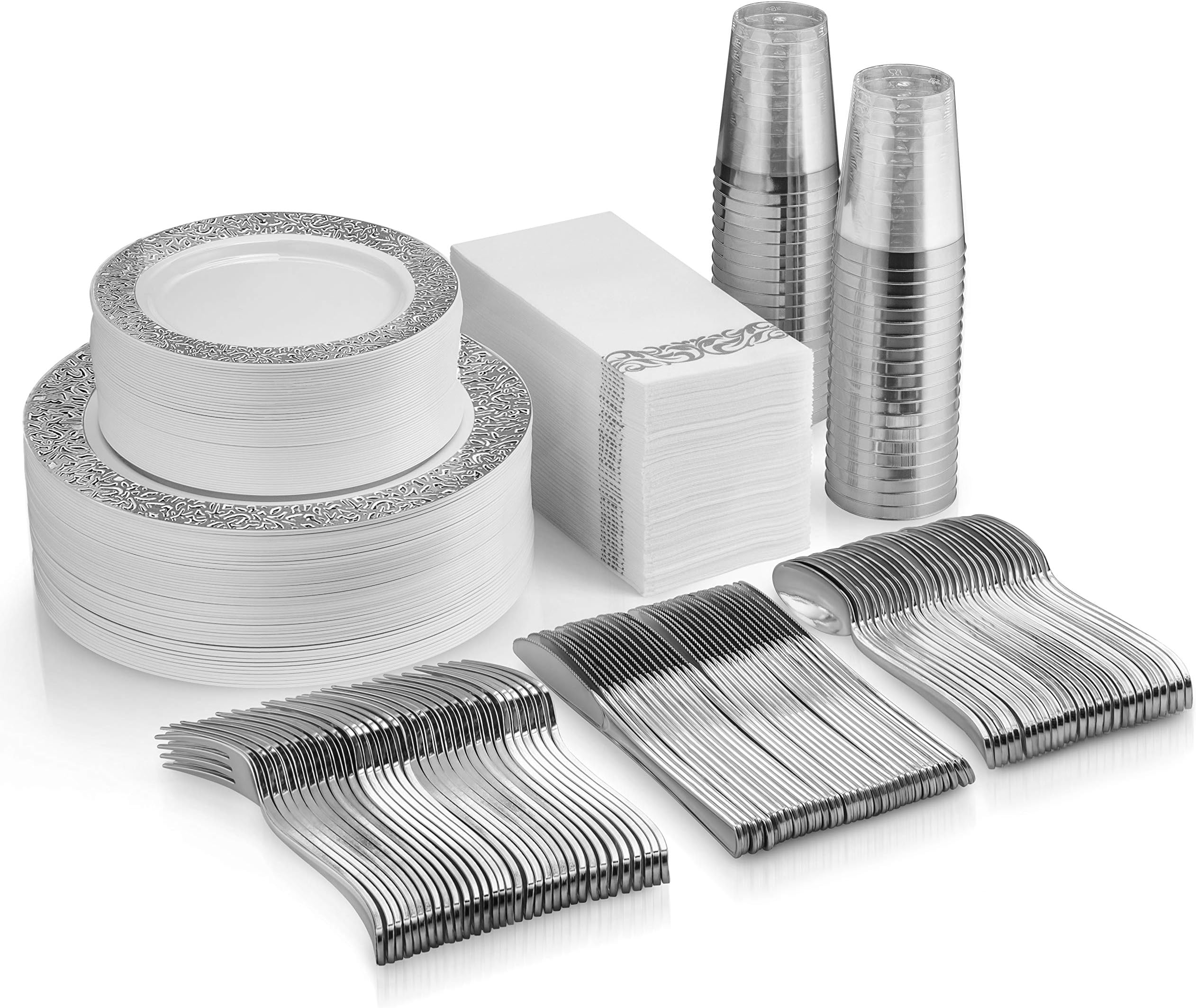 350 Piece Silver Dinnerware Set - 50 Guest Silver Lace Design Plastic Plates - 50 Silver Plastic Silverware - 50 Silver Cups - 50 Linen Like Silver Napkins, 50 Guest Disposable Silver Dinnerware Set