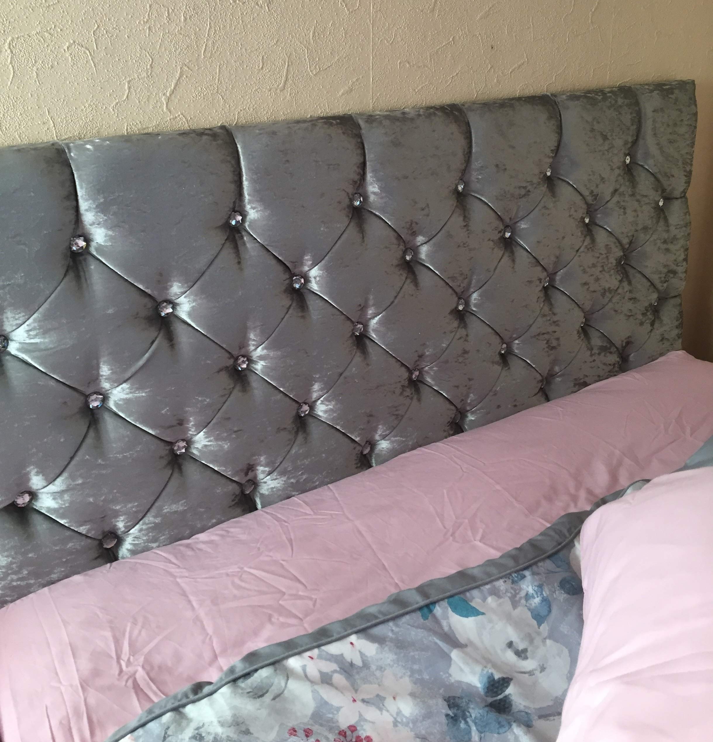 Sleep Zone Ltd Beautiful Diamante Chesterfield Headboard in Crushed Velvet 20" High (4ft Small Double, Silver)