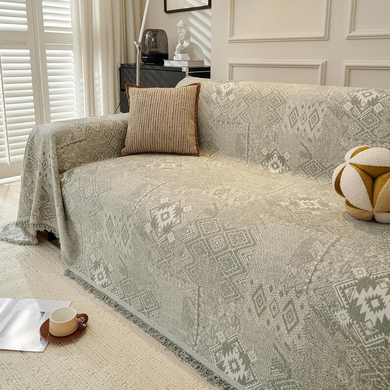 DREAMINGO Couch Cover - Geometric Jacquard, Sage Green, Boho Vintage Loveseat Couch Covers for Dogs Washable, Chenille Furniture Protector Sectional Sofa Slipcovers 2 Seater, Large 71"x118"