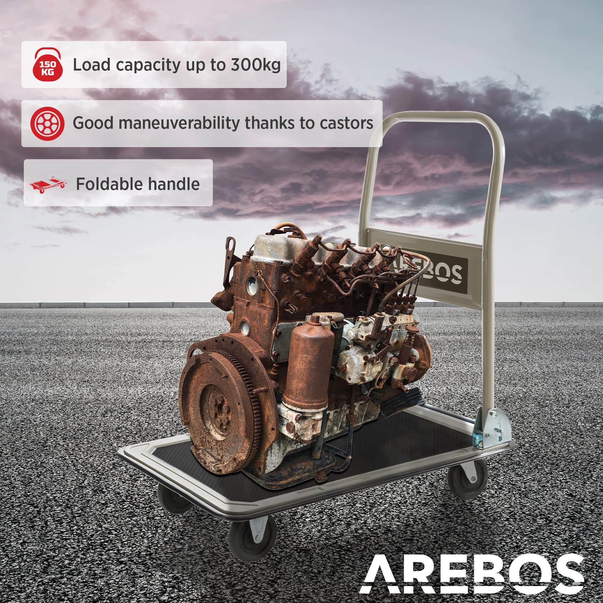 Arebos piattaforma carrello | Carrello portapacchi | Fino a 300 kg portata | con ruote girevoli | rivestimento antiscivolo | protezione bordi