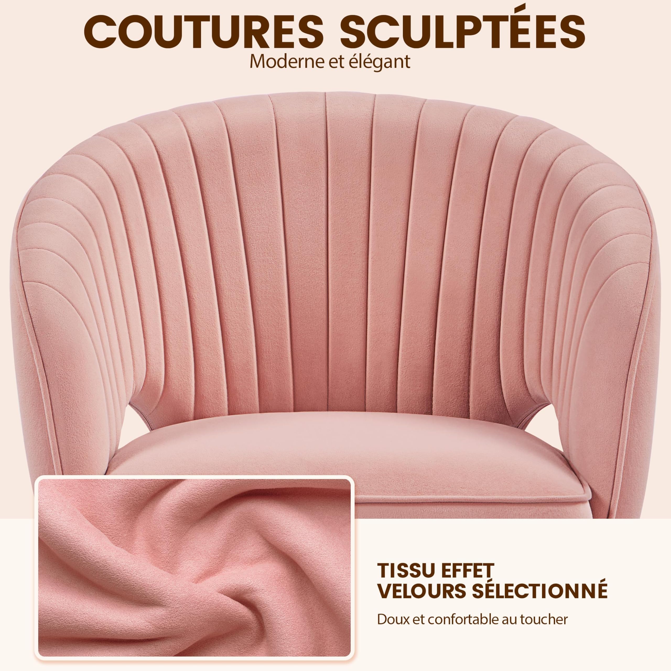 Yaheetech Fauteuil de Bureau en Velours avec Dossier Capitonné Arrondi Pivotant à roulettes Assise Réglable en Hauteur pour Chambre Bibliothèque Salon Rose