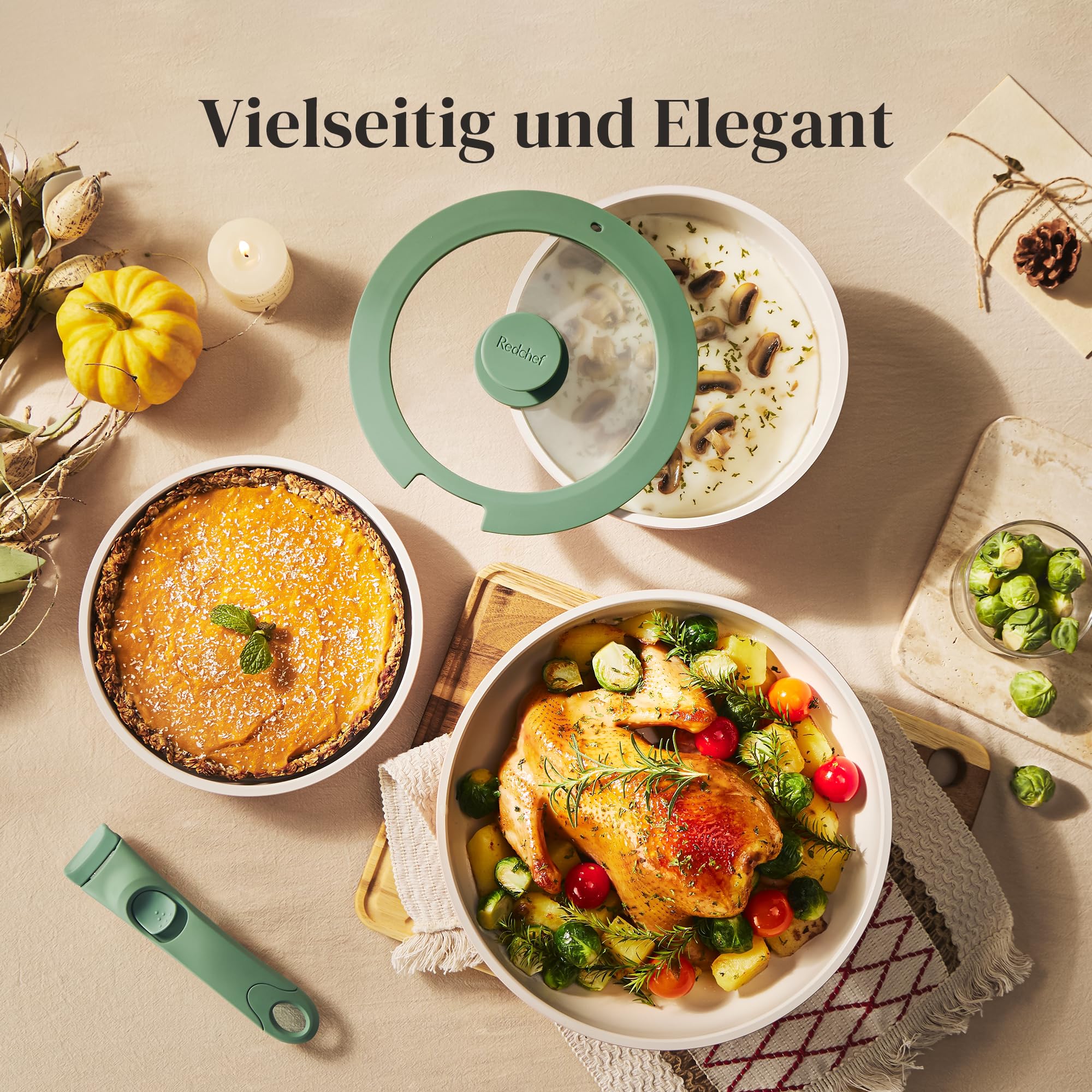 Redchef Set di pentole da 16 pezzi, antiaderente in ceramica, con manico rimovibile, padella da 20/26 cm, padella da 26 cm, pentola da 18/20 cm, impilabile per tutti i piani cottura, adatto al forno