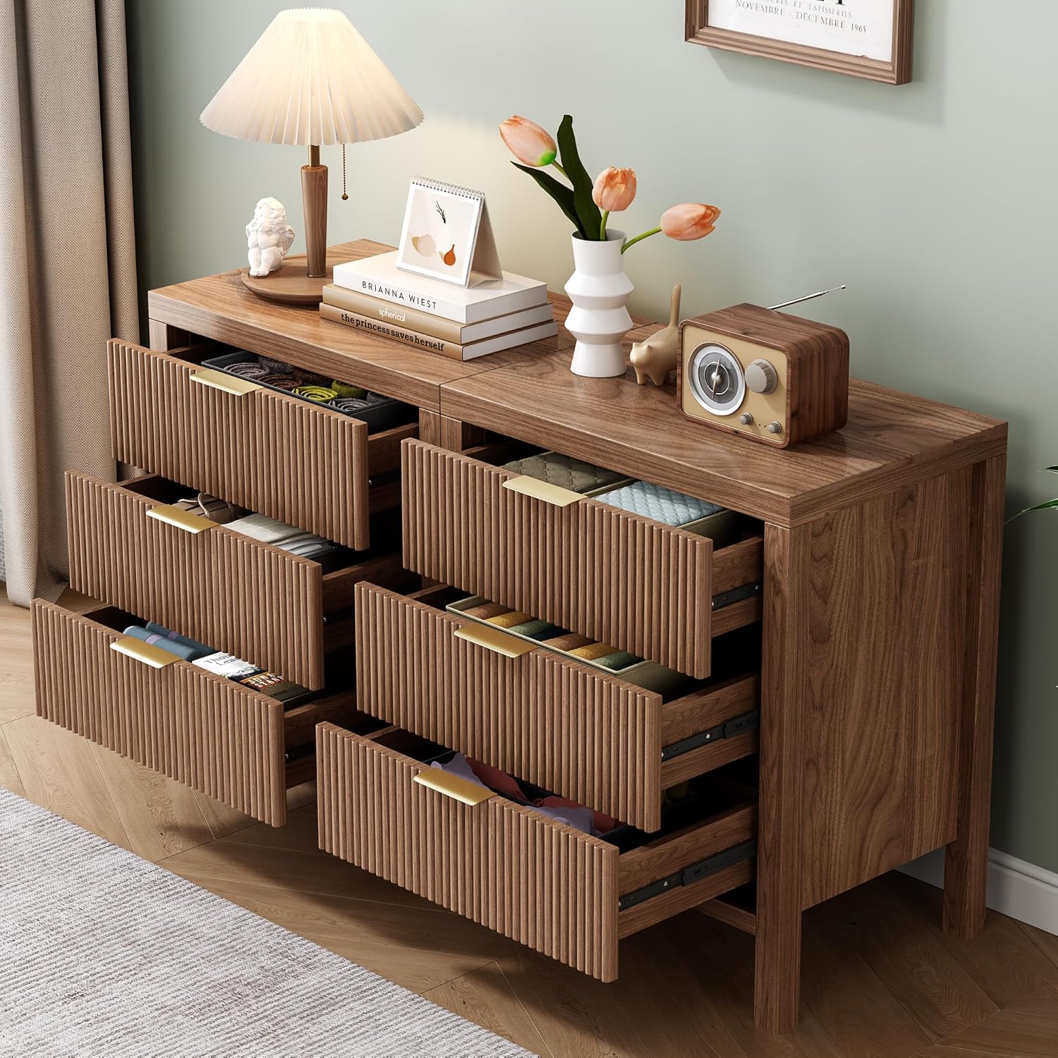 Nightstand with 3 Drawers, Dresser and Nightstand Sets, Bedside Tables, Mid Century Nightstands with 3 Wide Drawers for Bedroom, Kids’ Room, Hallway - Walnut - Image 8