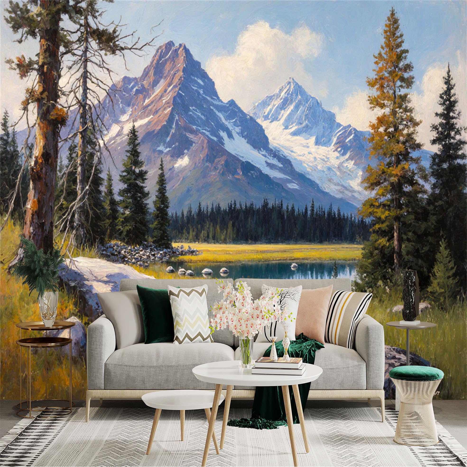Lnzczhyre Xc260505796 Custom Size Wall Sticker Mural， Oil Painting Of Snowy Mountains， Alpine Lake Scenery， Pine Forest Landscape， For Wall Decoration， Peelandstick Wall Decals.