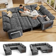 Vipbear 8 Seat U Shaped Modular Sectional Sleeper Sofa with Pull Out Bed/Reclining Backrest/USB Ports/Table/LED Light/Storage Seat, Sectional Sleeper Couch, Tool-Free Assembly, Chenille Dark Grey