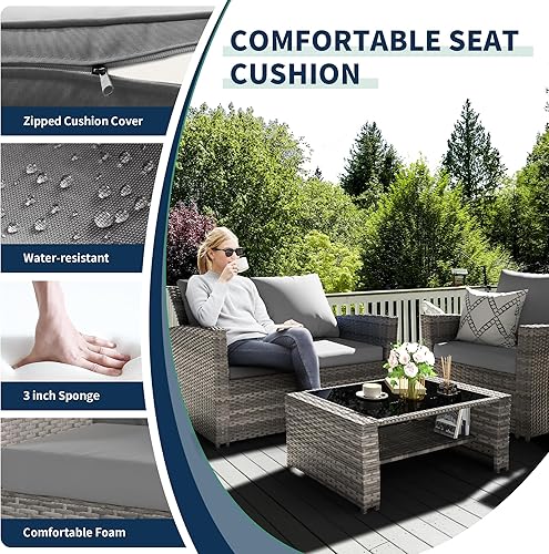 Miniatura 4 de VONZOY Juego de muebles de mimbre para patio, 4 piezas, juegos de conversación seccionales para exteriores, juego de sofá de ratán de polietileno