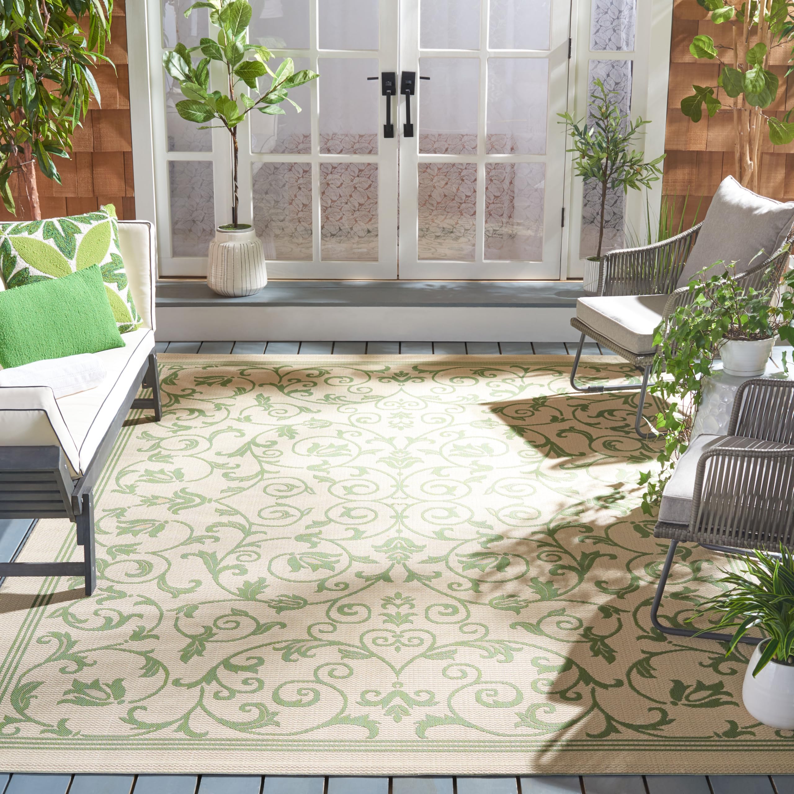 SAFAVIEH Washable Rug Outdoor Courtyard Collection - 6'7" x 9'6", Natural & Olive, Non-Shedding & Easy Cleaning, Ideal for Patio, Backyard, Mudroom (