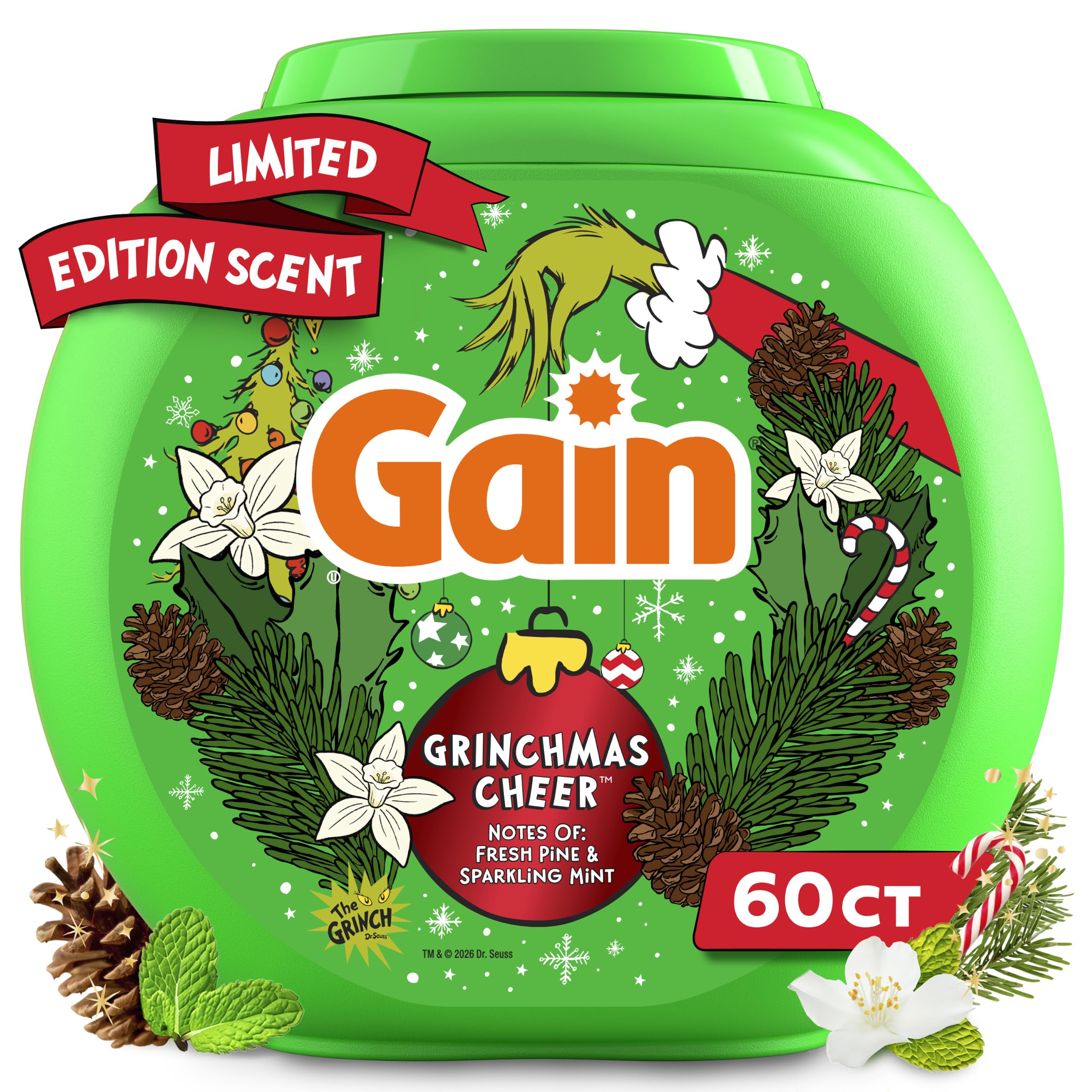 Gain Flings Liquid Washing Detergent Pods, Odor Defense + Color Guard, Grinchmas Cheer Scent, 4-In-1 Liquid Laundry Detergent Pacs, Clean & Fresh, 60 Count