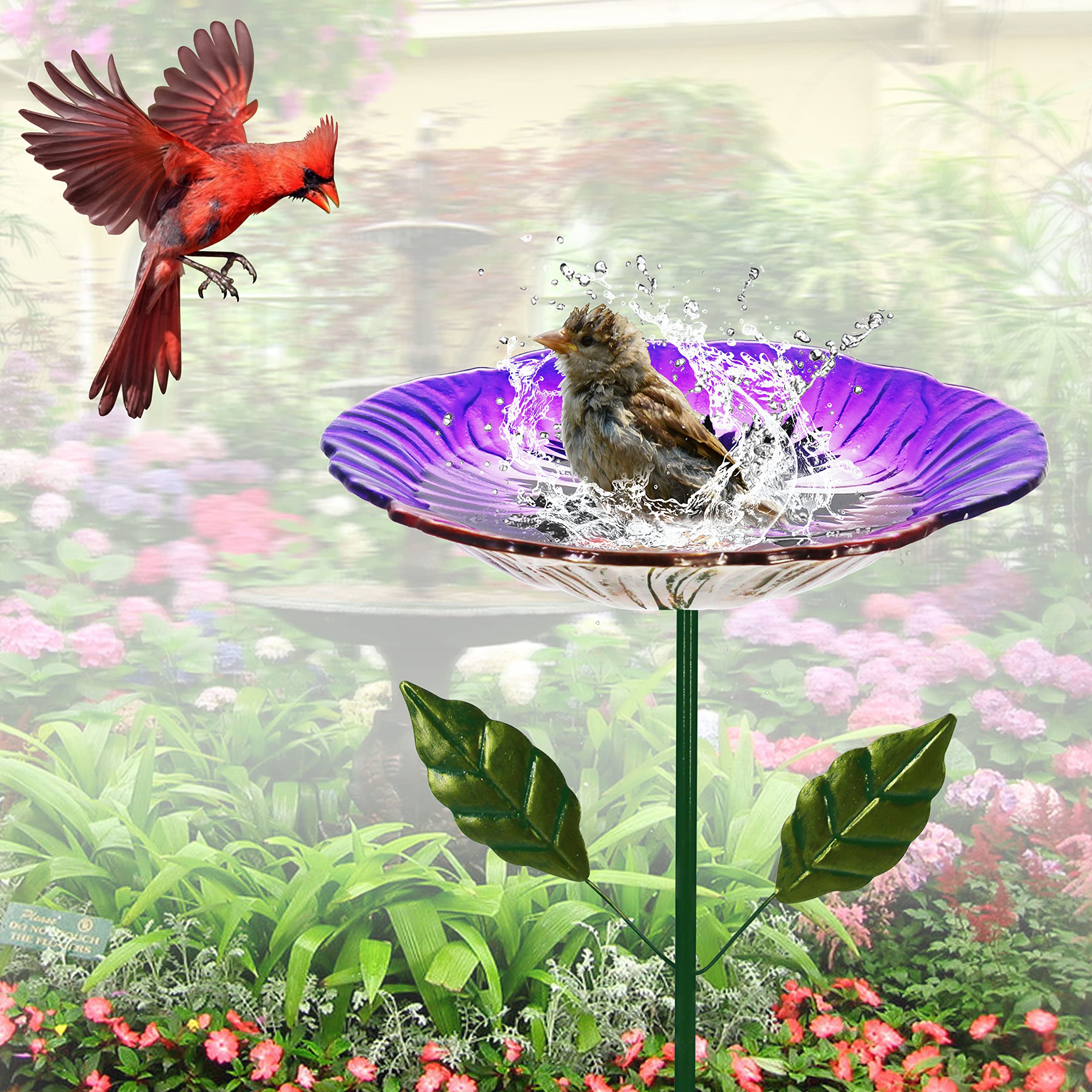 Glas-Vogeltränke für den Außenbereich, Garten, Vogeltränke, Vogelfutterspender, Hortensien-Dekor, Vogelfutterspender mit Metallpfahl für Garten, Hof, Rasen, Hof