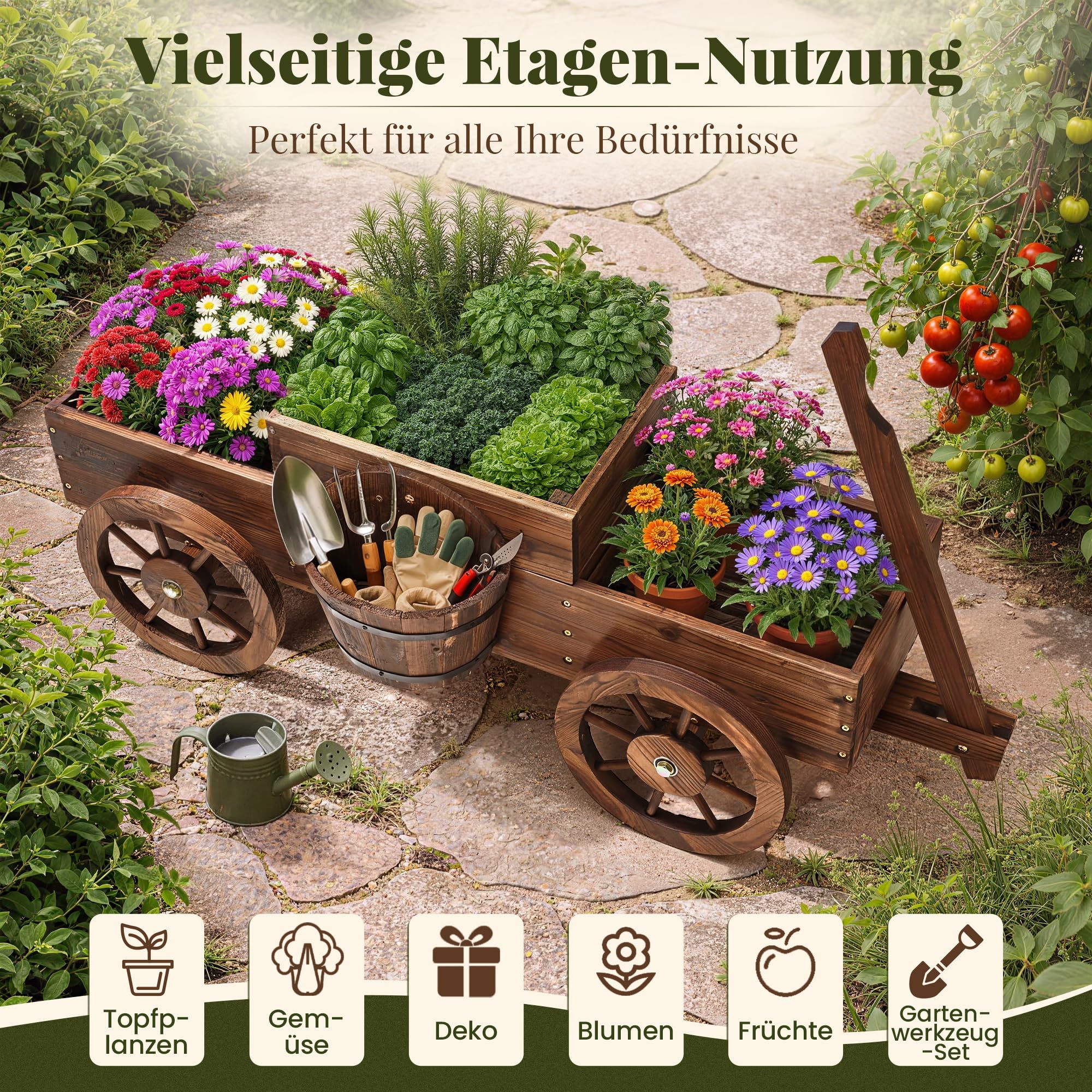 Pamapic Blumenwagen für Garten, Blumenkasten im Wagenstil mit Griff & Rädern, Pflanzkübel Holz für Gemüse, Blumen, Kräuter, Terrasse, Balkon, Innenbereich, Bollerwagen Holz, 158,5x54x41cm, Braun