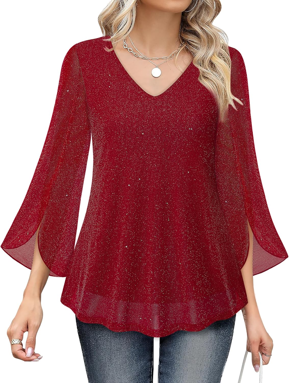 Bebonnie Womens Ruffle 3/4 Sleeve V Neck Double Layers Mesh Blouses Loose Fit Flowy Tunic Tops - Image 2