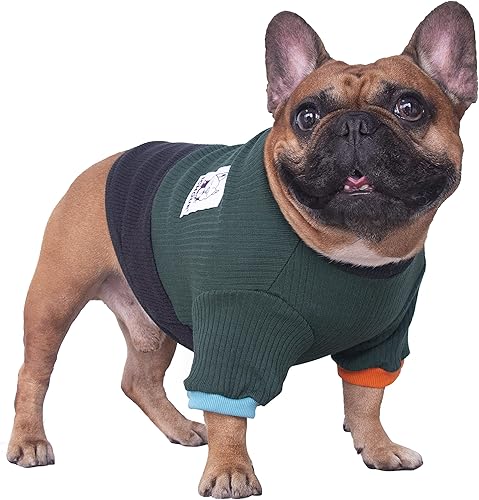 iChoue Suéter de cuello redondo para perro con bloques de color, ropa cálida de invierno para bulldog francés, cachorro de pug francés, negro y