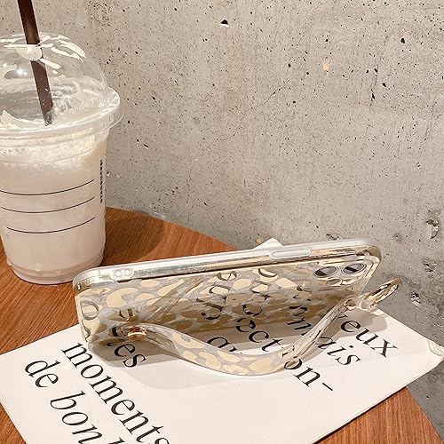 Miniatura 3 de Funda protectora femenina para iPhone 14 Plus con correa de muñeca de leopardo chapado en oro y bucle para los dedos, correa de muñeca ajustable de