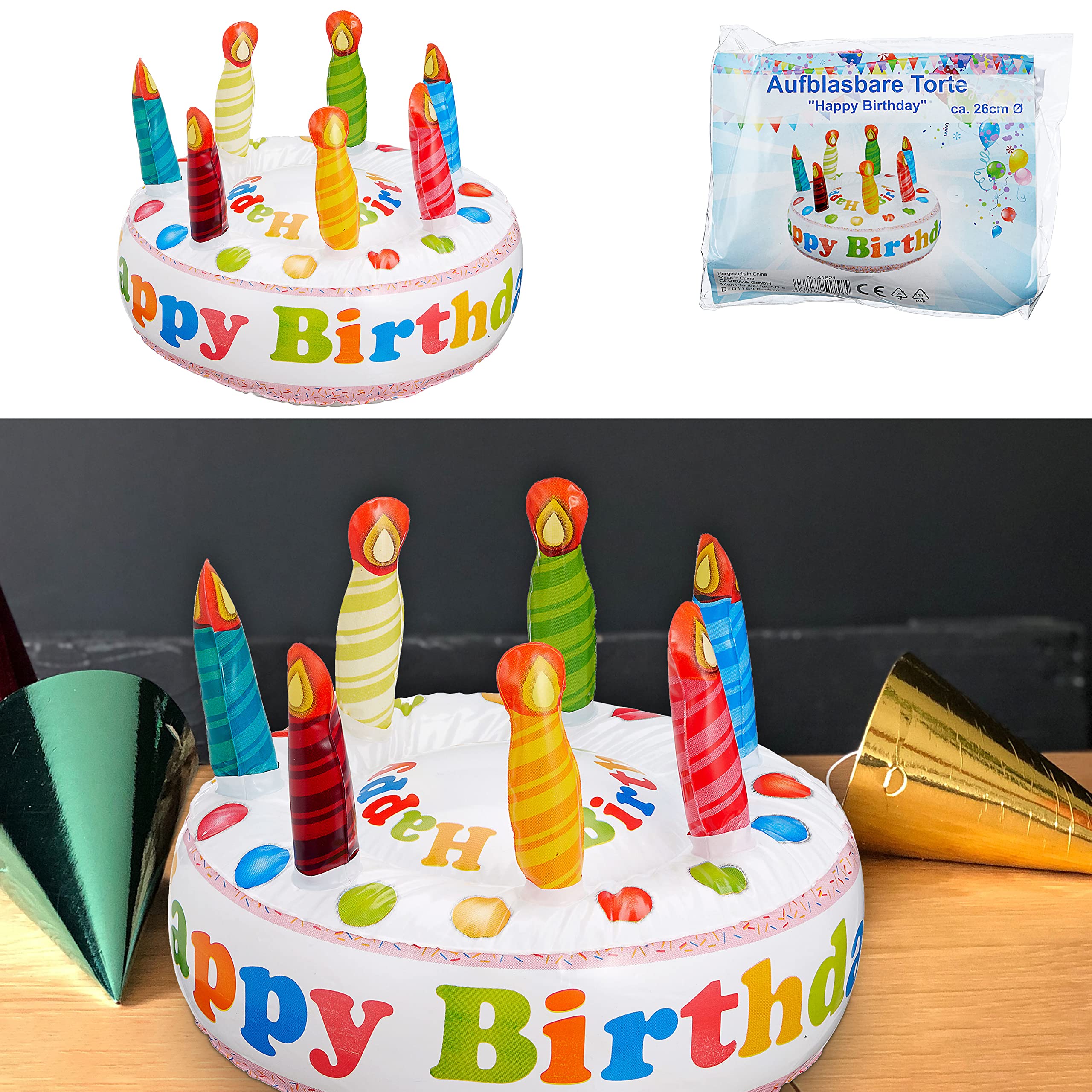 Cepewa Inflatable Cake, Happy Birthday, Height 22 cm x Diameter 30 cm, PVC Colourful, Birthday Cake Party Accessories
