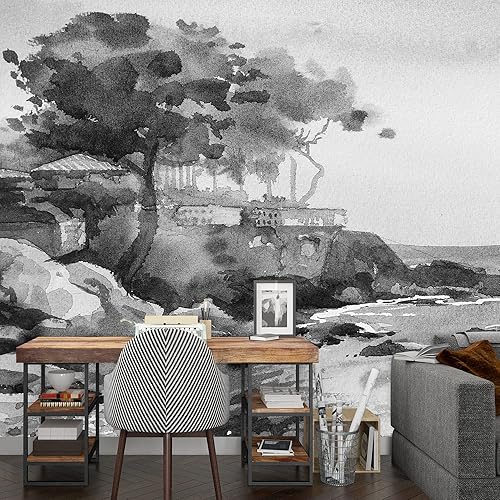 Miniatura 2 de SIGNWIN Adhesivo mural removible de pared, acuarela pastel, blanco y negro, olas del océano, naturaleza, desierto, bellas artes, duotono, paisaje