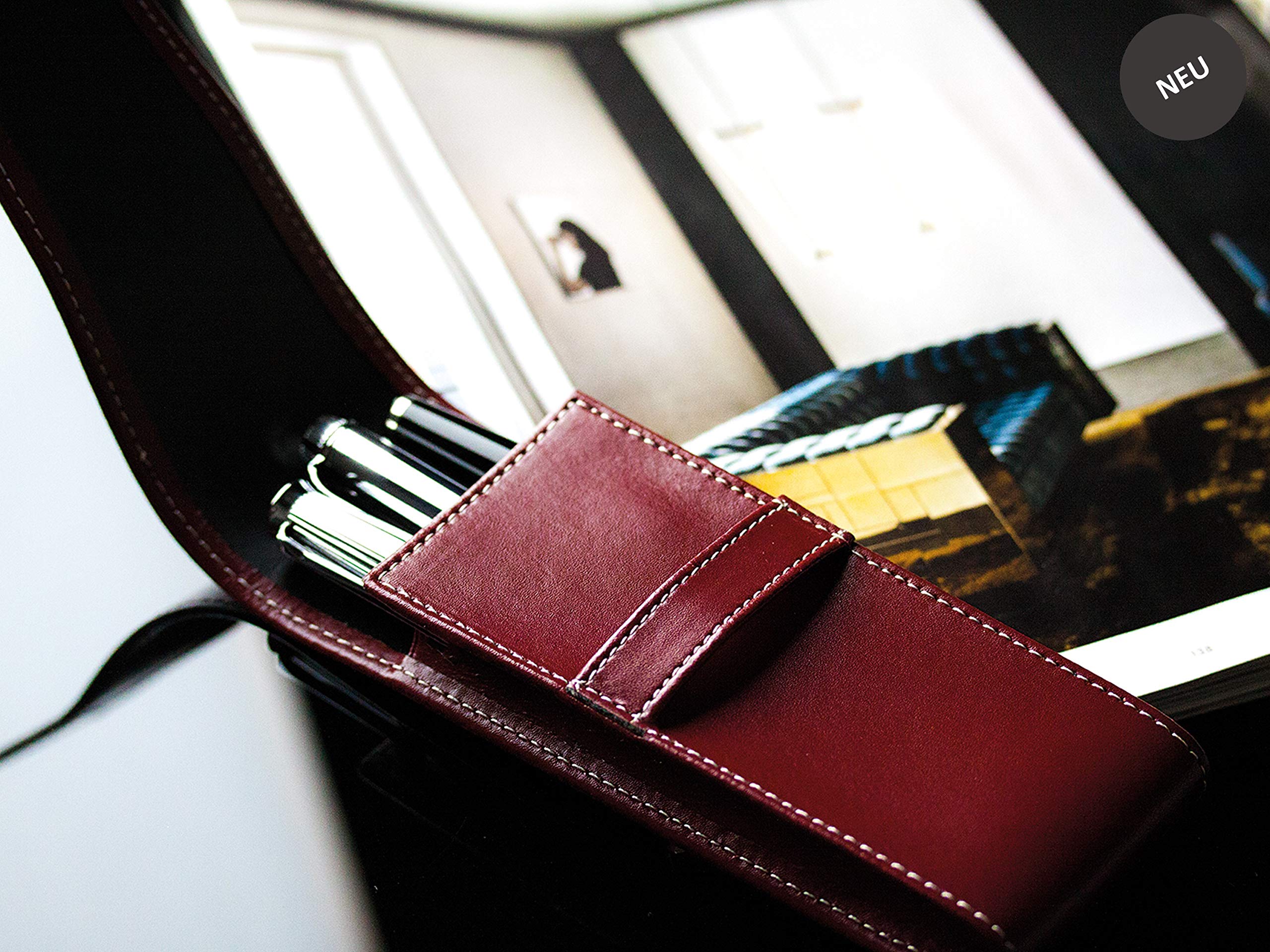 DELMON VARONE - Personalisierbares Schreibgeräteetui Cambridge Top Grain Leder Rot, Echtleder Stifteetui mit Verschlusslasche für 3 Schreibgeräte, Etui für hochwertige Kugelschreiber, Stifte & Füller