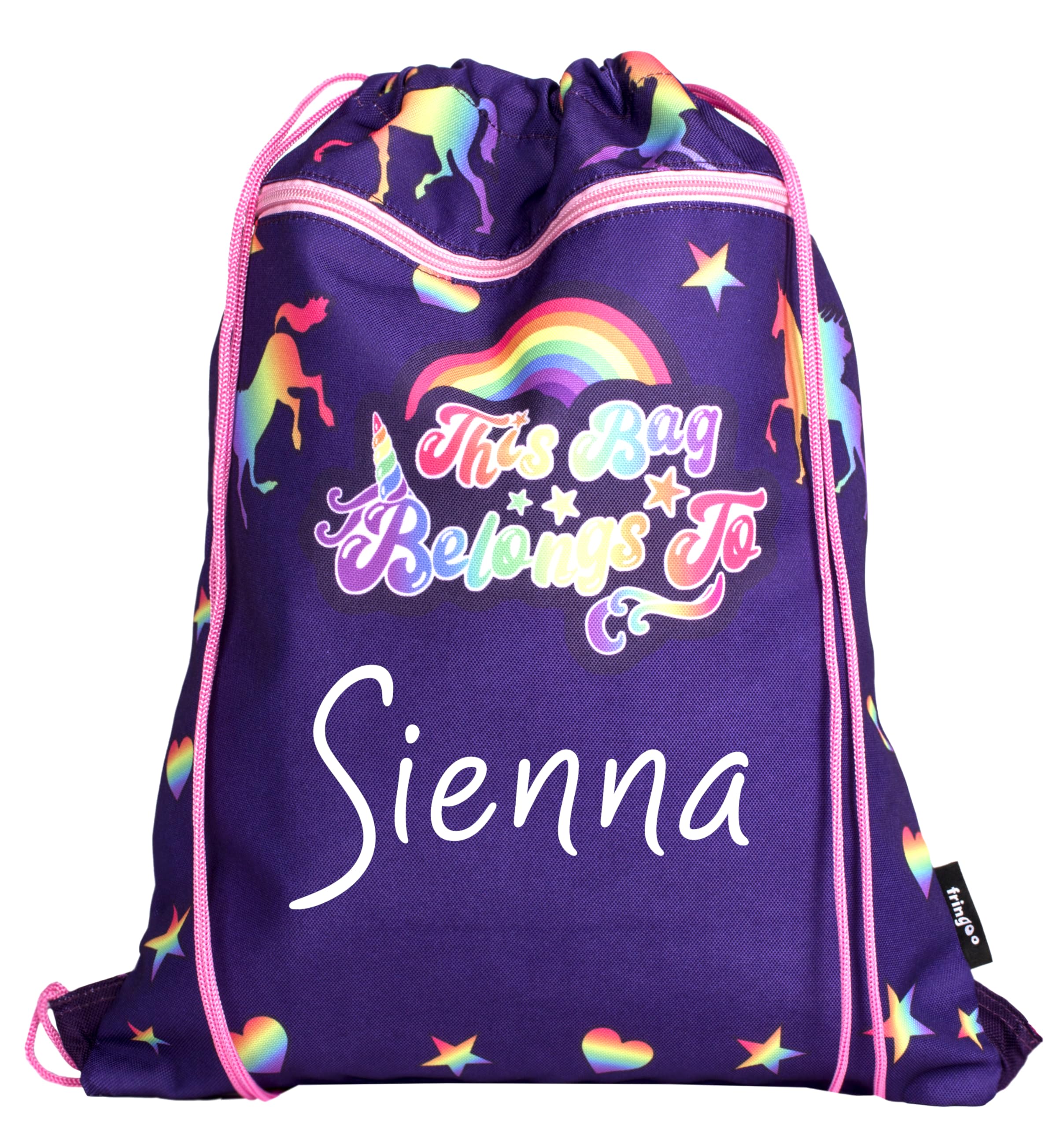 Fringoo Personalised Kids Drawstring Bag with Zipped Pocket PE Bag Swimming Football Gym School Bag for Boys Girls (Belongs to Unicorn)