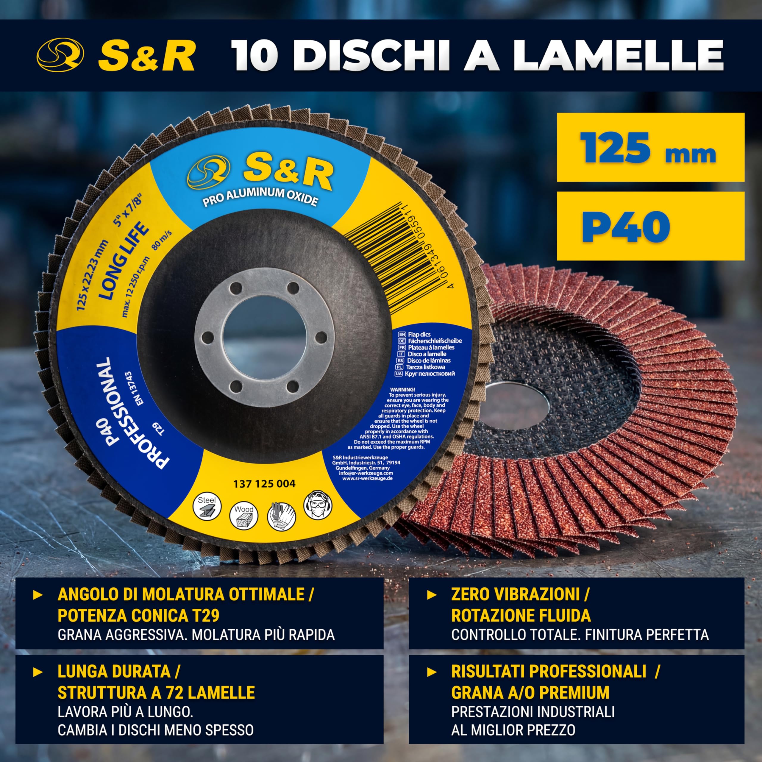 S&R 10 Dischi Lamellari 125x22,23 mm. Disco Abrasivo 125mm Grana 40 per Smerigliatrice. Disco Lamellare 125 – Ossido di Alluminio T29, Grana P40