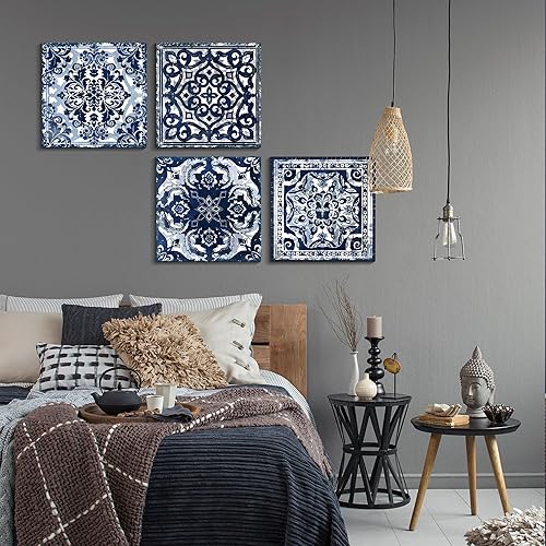 Miniatura 3 de Mofutinpo - Decoración de dormitorio, lienzo índigo estampado de flores para colgar en pared, impresiones de cuadros abstractos modernos en azul