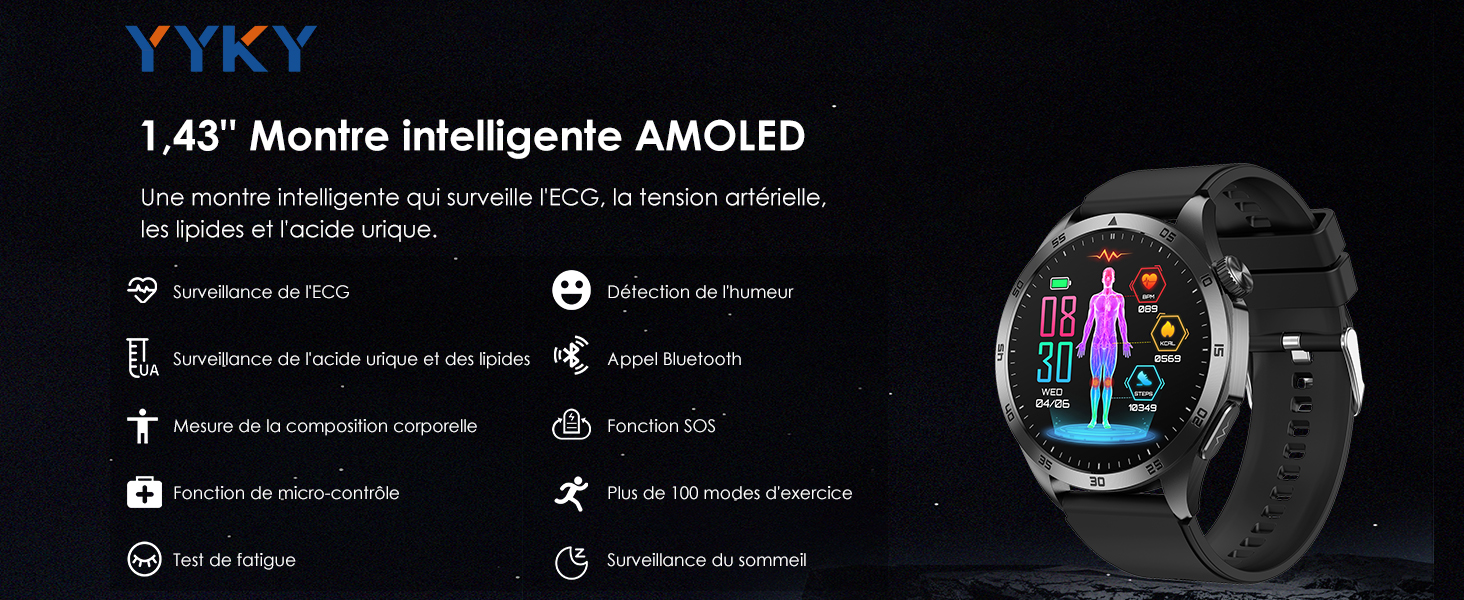 Montre Connectée YYKY - Écran 1,72" - Bracelet Silicone - Notifications Appels/SMS - Compatible Android/iOS