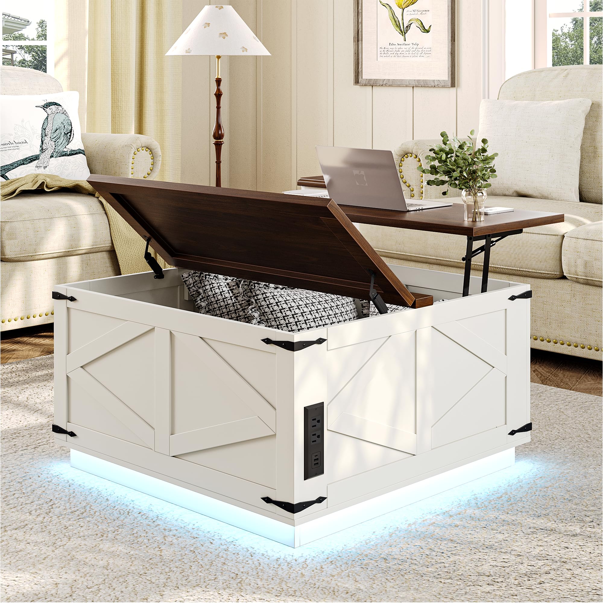 Lift Top Coffee Table, Farmhouse Coffee Table with Storage, Square
