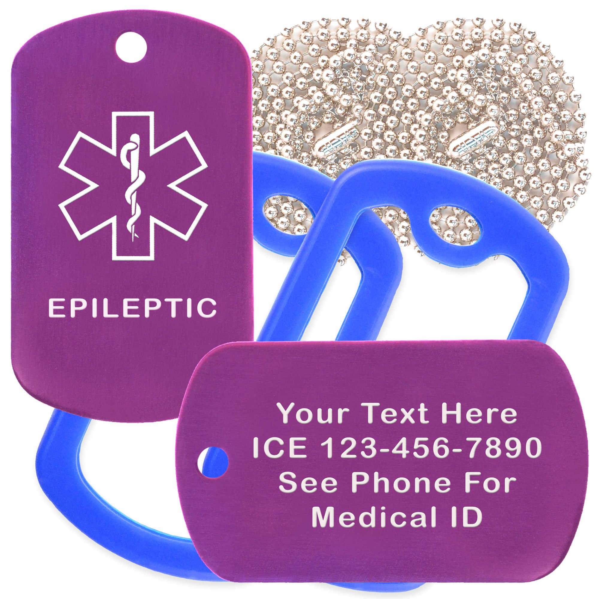 Custom 2 Pack - Epileptic Medical Alert ID Necklaces with Purple Custom Tags, Blue Silencers, and 30'' USA Chains