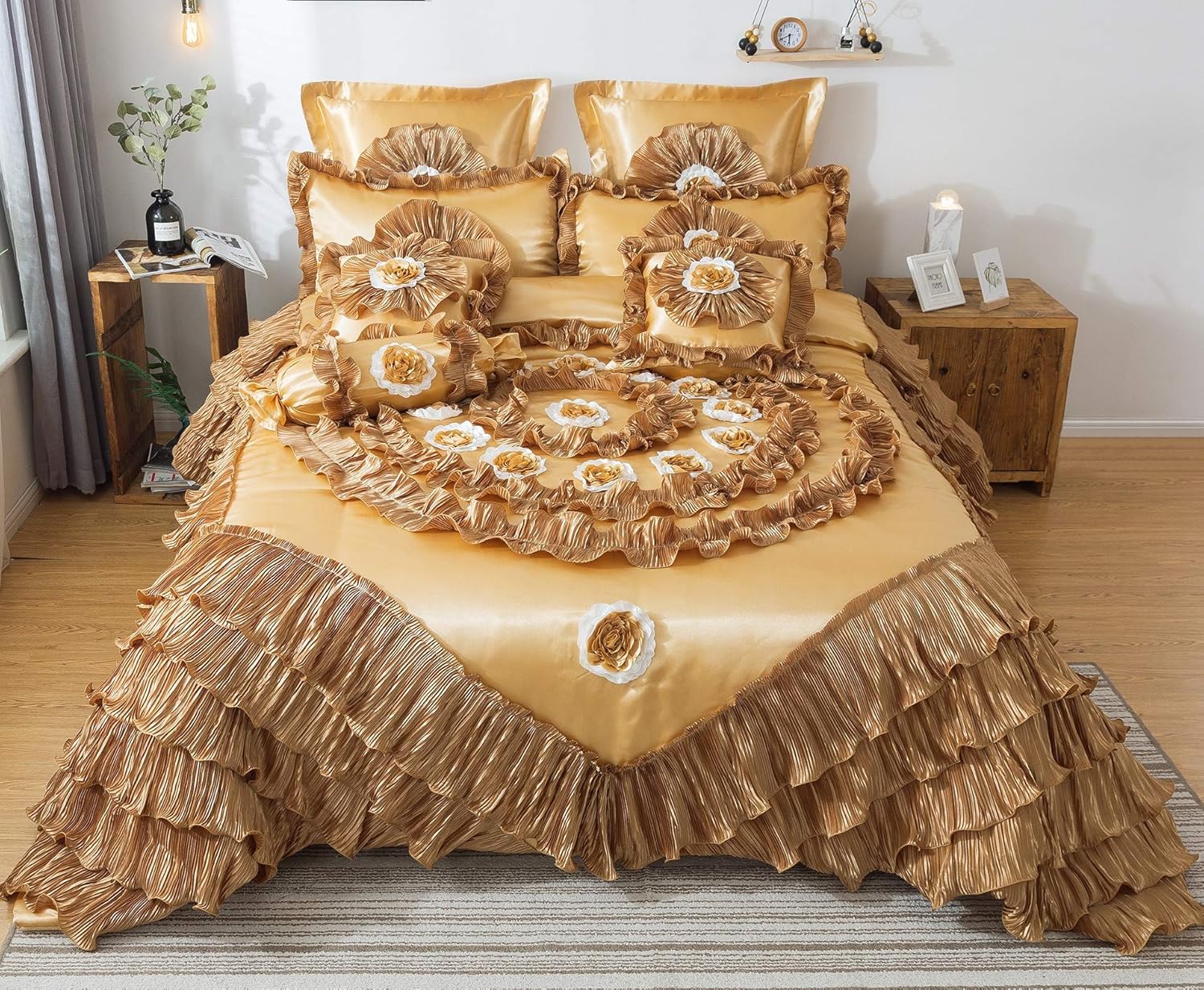 Tache Home Fashion 6 Piece Elegant Faux Satin Ruffled Comforter Set, Cal King, Sandy Beach