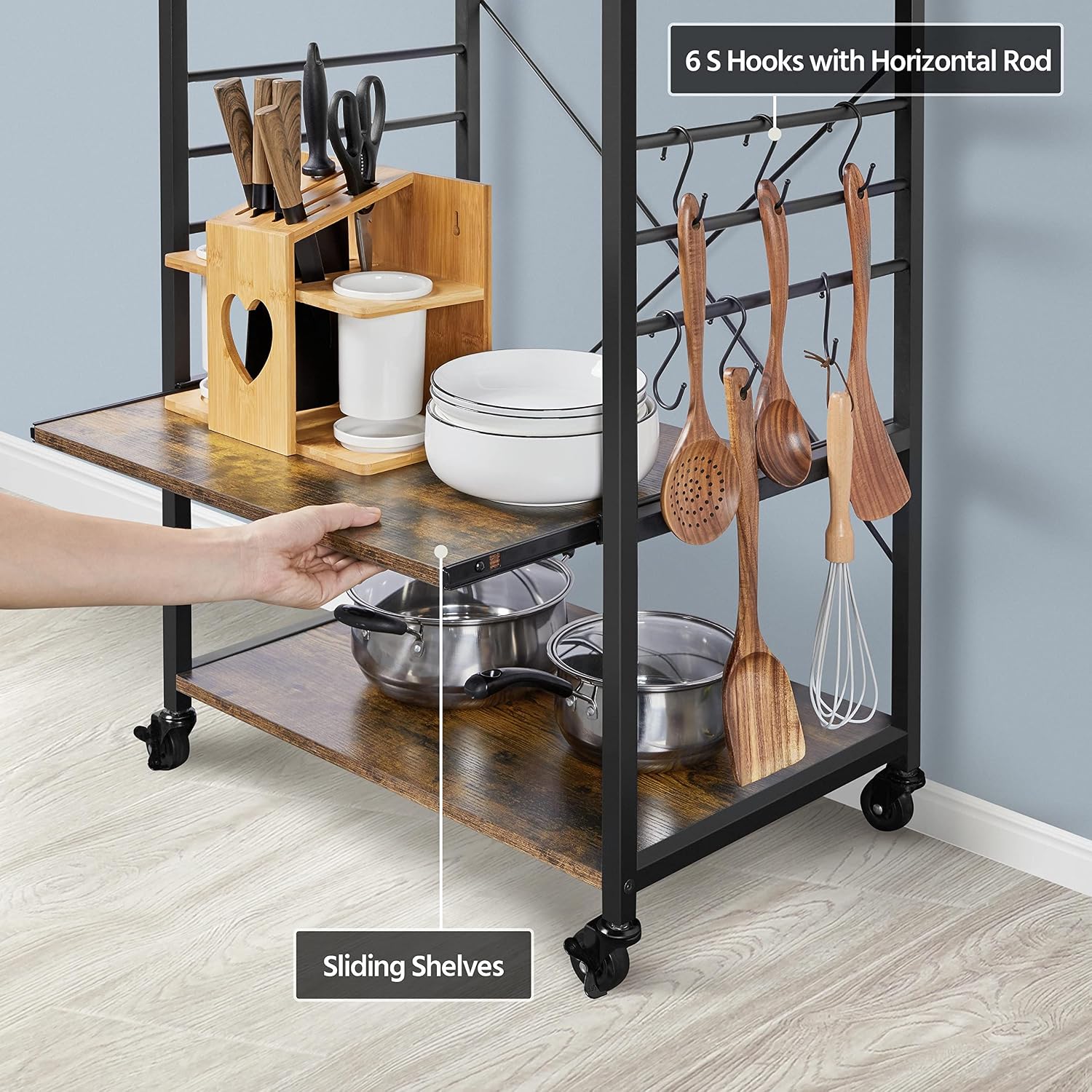 Yaheetech Kitchen Bakers Rack on Wheels, Microwave Stand Kitchen Cart with 6 Hooks and Sliding Shelf and Spice Rack, Coffee Bar Sation Kitchen Utility Storage Shelf, Rustic Brown