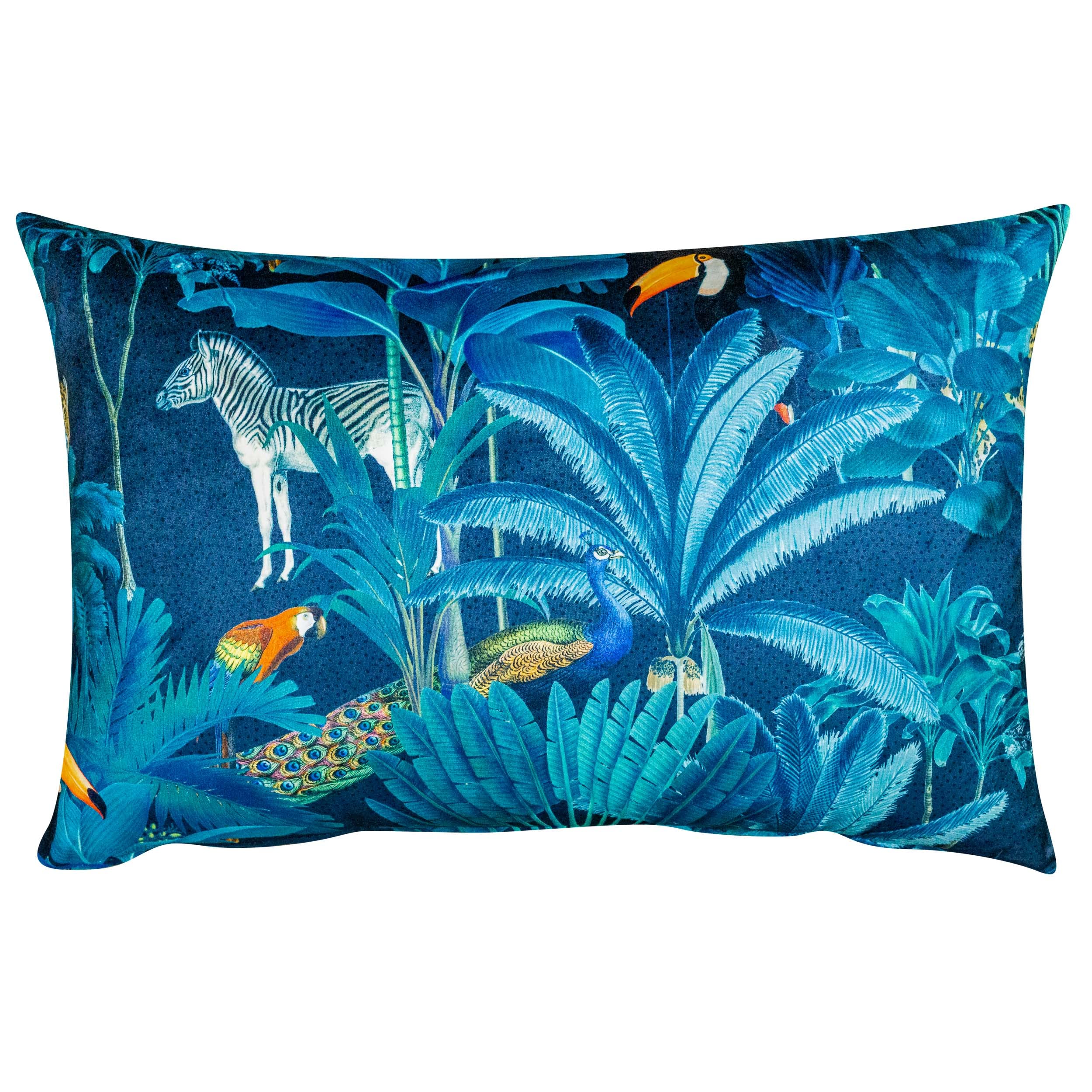 Linen Loft Palm Forest Velvet XL Rectangular Cushion Cover. Exotic Birds & Jungle Animals, Bright Teal Background. Backed With a Plain Teal Velvet. 23x15 XL Cover Only.