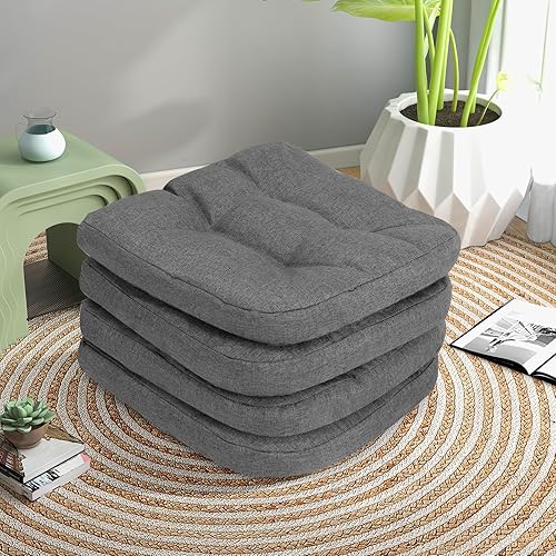 Miniatura 8 de Giantex Paquete de 4 cojines para silla, antideslizantes, cómodos cojines con funda de lino transpirable, almohadilla de asiento antideslizante para