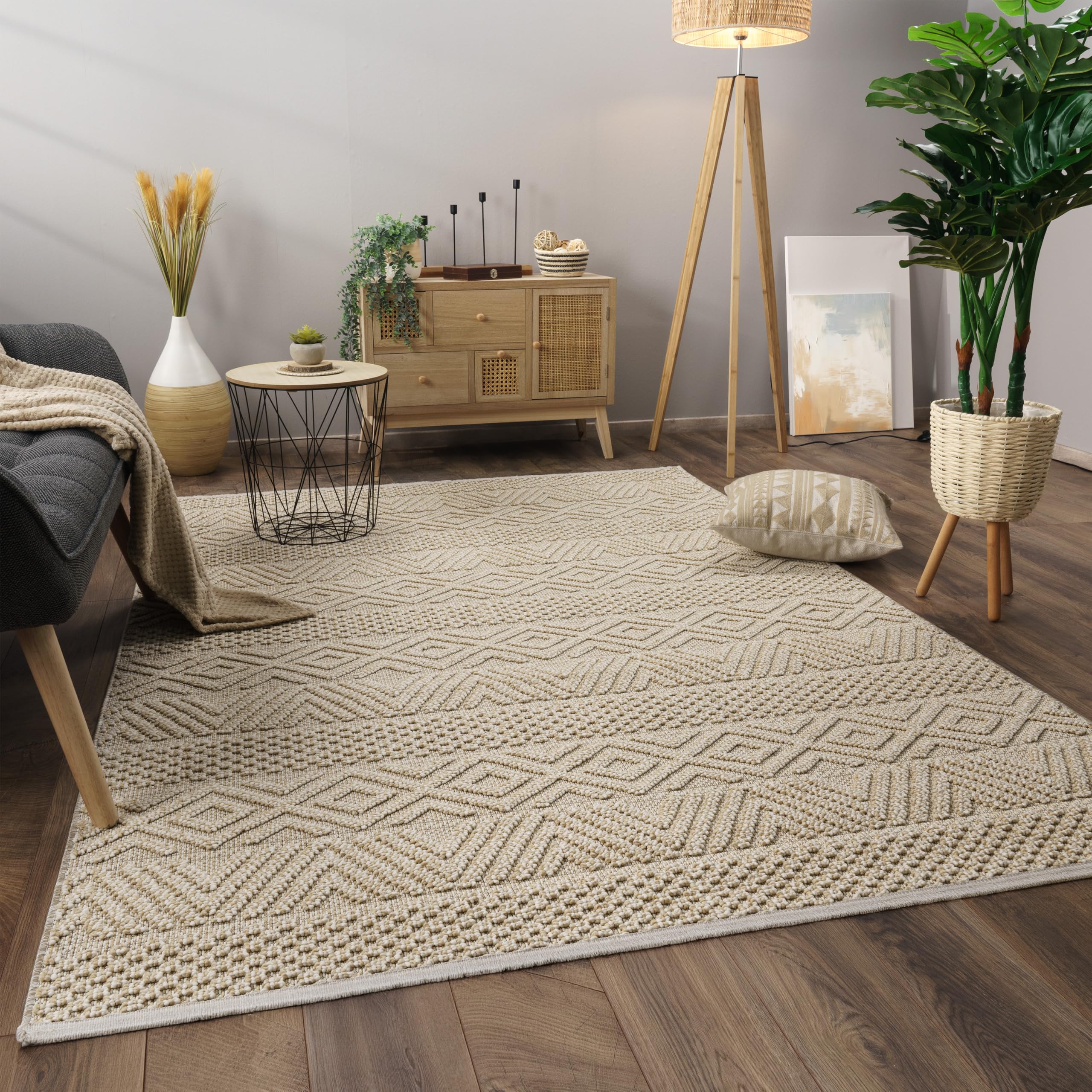 Paco Home Teppich Wohnzimmer Schlafzimmer Kurzflor Skandinavisches Boho Muster Geometrische Optik Einfarbig Moderne Deko, Grösse:160x220 cm, Farbe:Creme